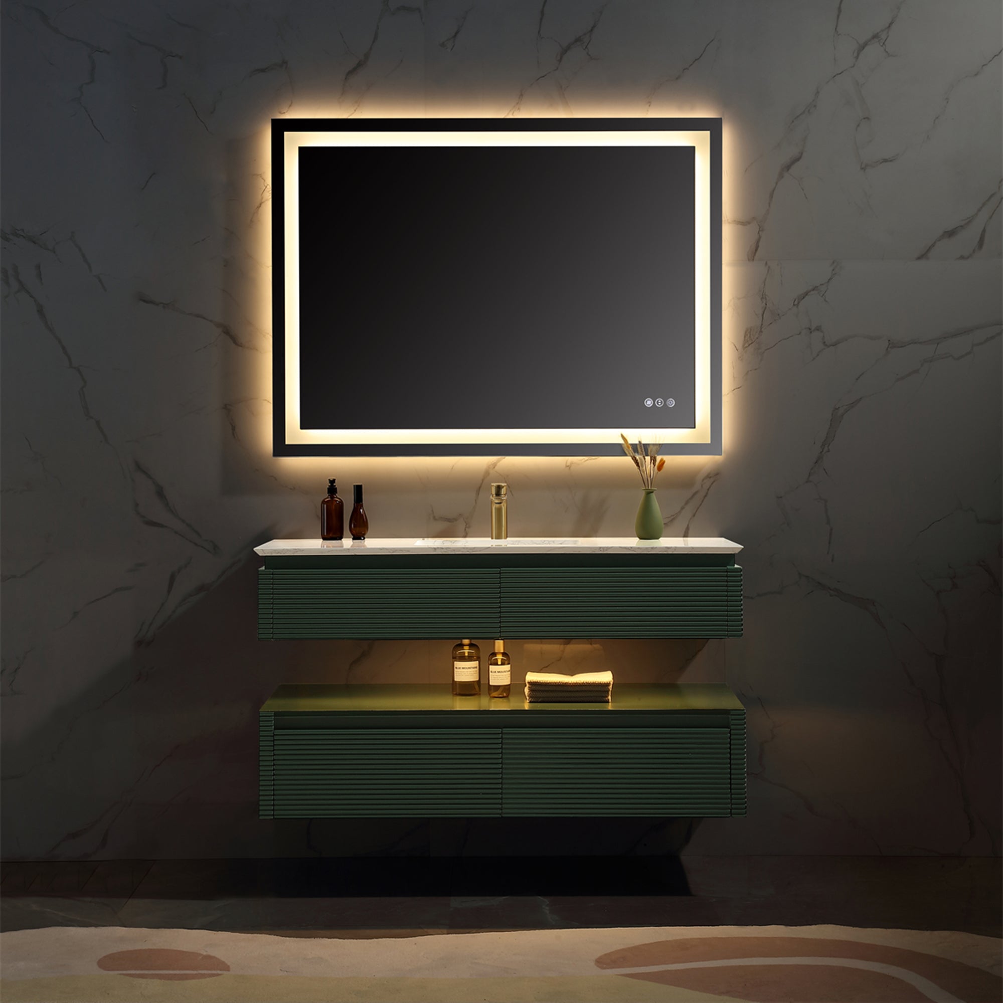 36 Inch Solid Wood Wall-Mounted Bathroom Vanity Set in Green/ White with Engineered Stone and Ceramic Sink
