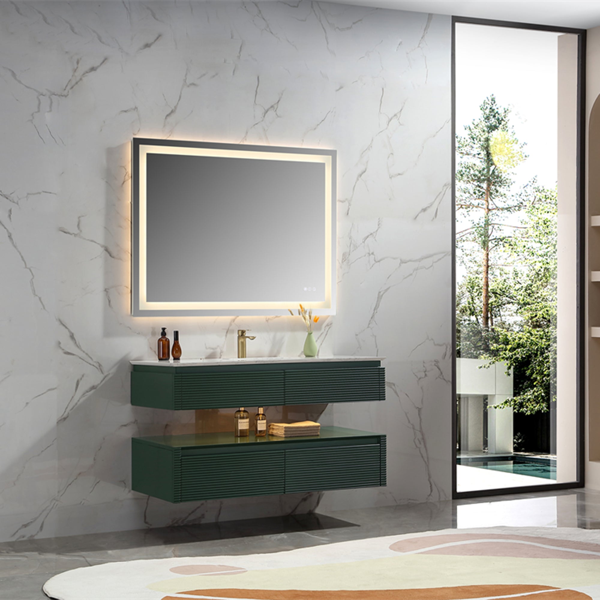 36 Inch Solid Wood Wall-Mounted Bathroom Vanity Set in Green/ White with Engineered Stone and Ceramic Sink