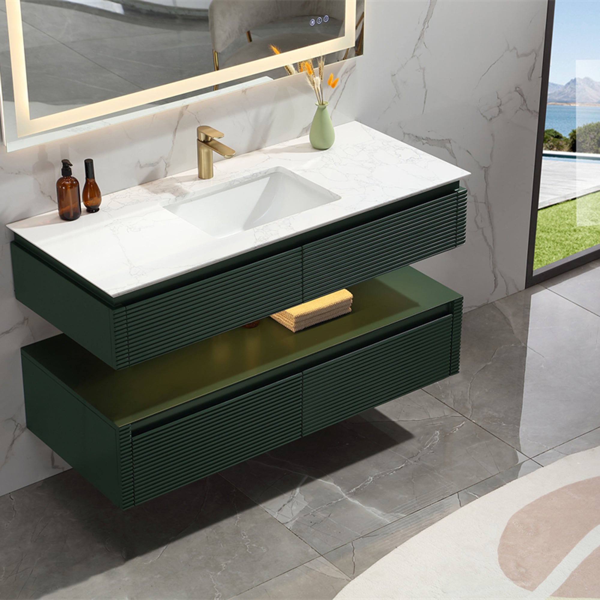 36 Inch Solid Wood Wall-Mounted Bathroom Vanity Set in Green/ White with Engineered Stone and Ceramic Sink
