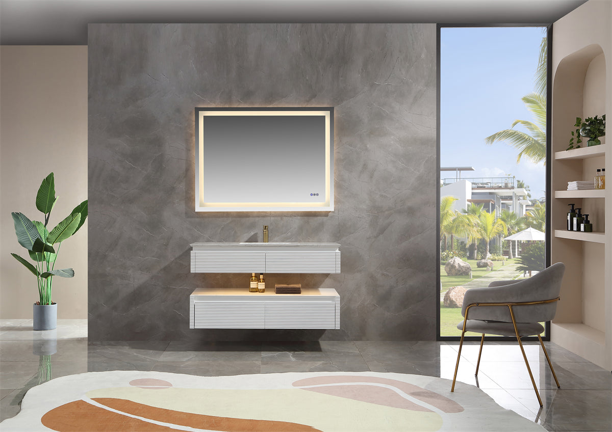 36 Inch Solid Wood Wall-Mounted Bathroom Vanity Set in Green/ White with Engineered Stone and Ceramic Sink