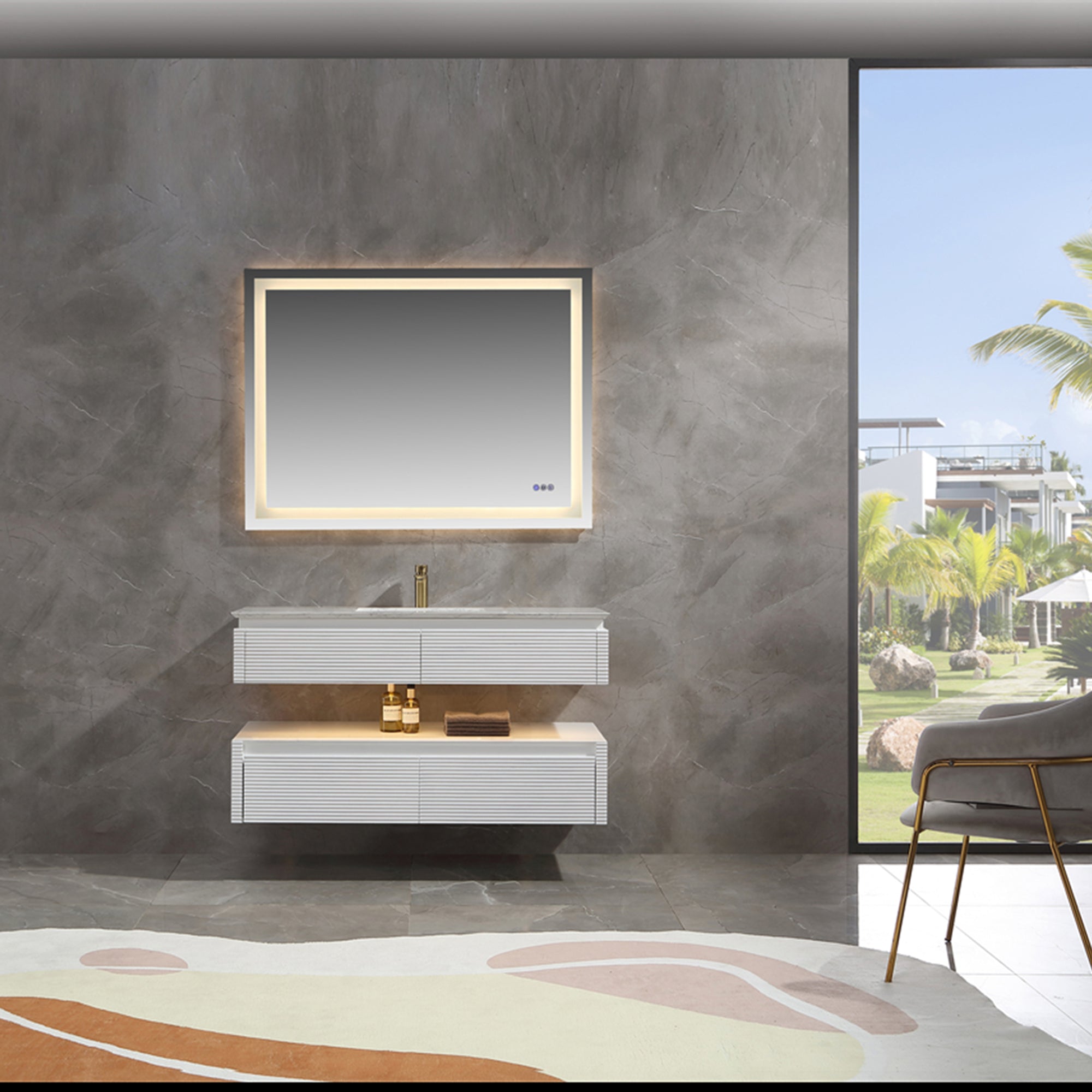 48 Inch Solid Wood Wall-Mounted Bathroom Vanity Set in Green/ White with Engineered Stone Top and Ceramic Sink