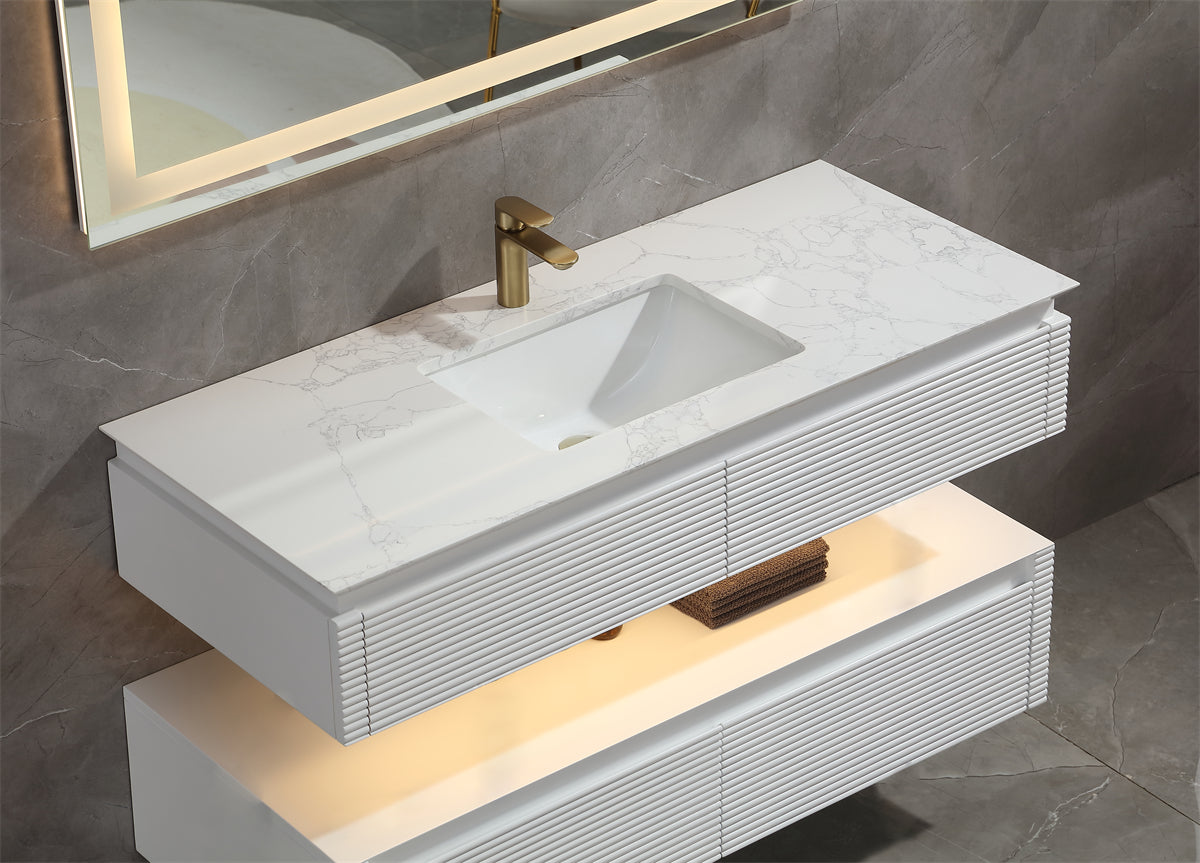 36 Inch Solid Wood Wall-Mounted Bathroom Vanity Set in Green/ White with Engineered Stone and Ceramic Sink