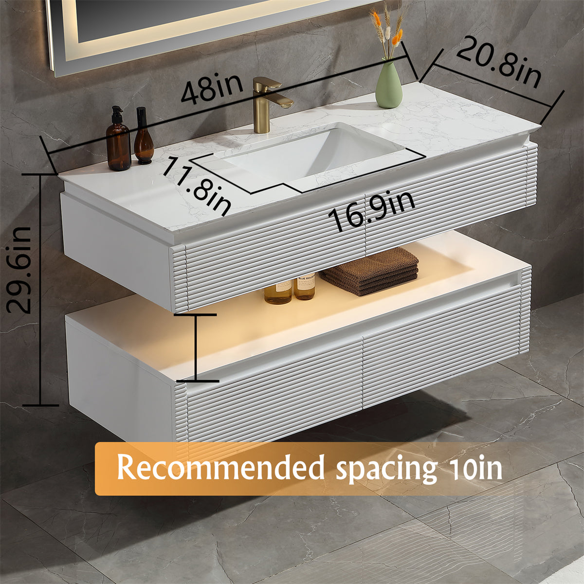 36 Inch Solid Wood Wall-Mounted Bathroom Vanity Set in Green/ White with Engineered Stone and Ceramic Sink