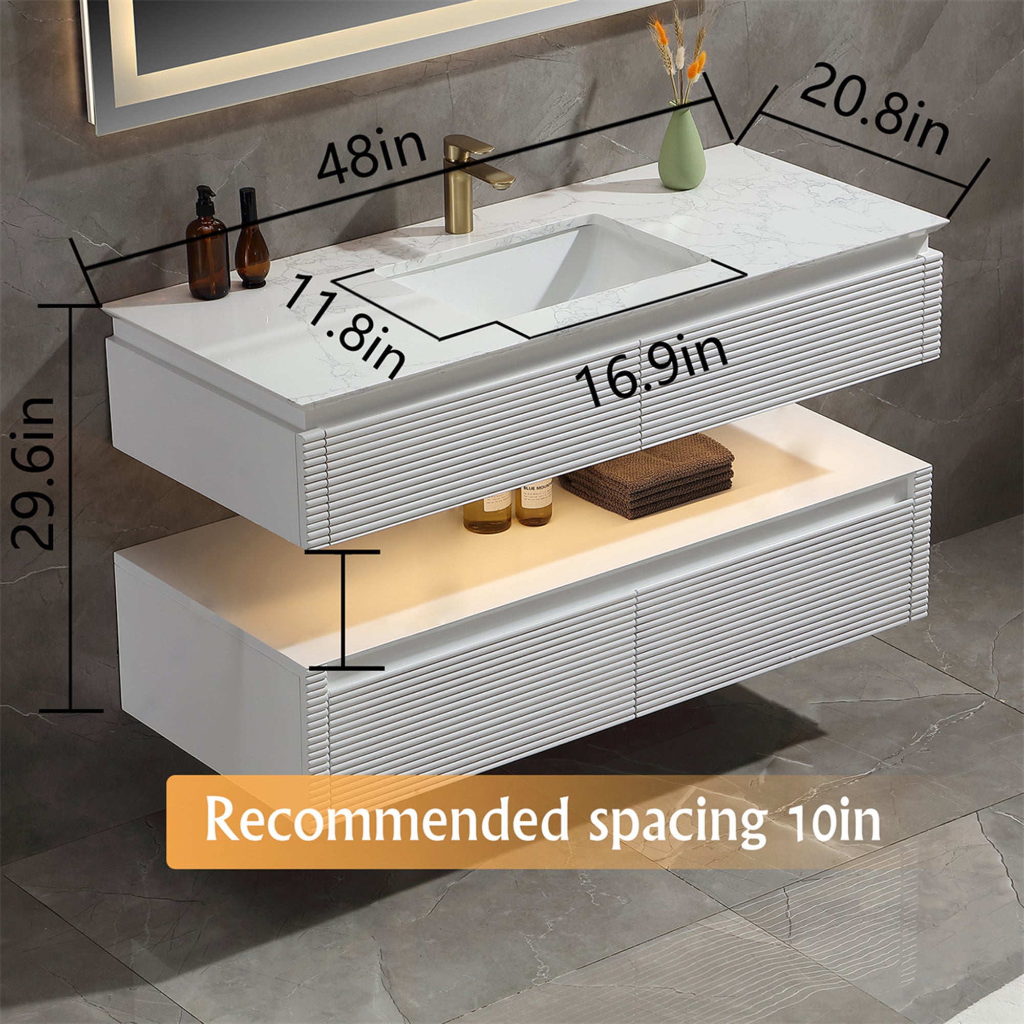 48 Inch Solid Wood Wall-Mounted Bathroom Vanity Set in Green/ White with Engineered Stone Top and Ceramic Sink