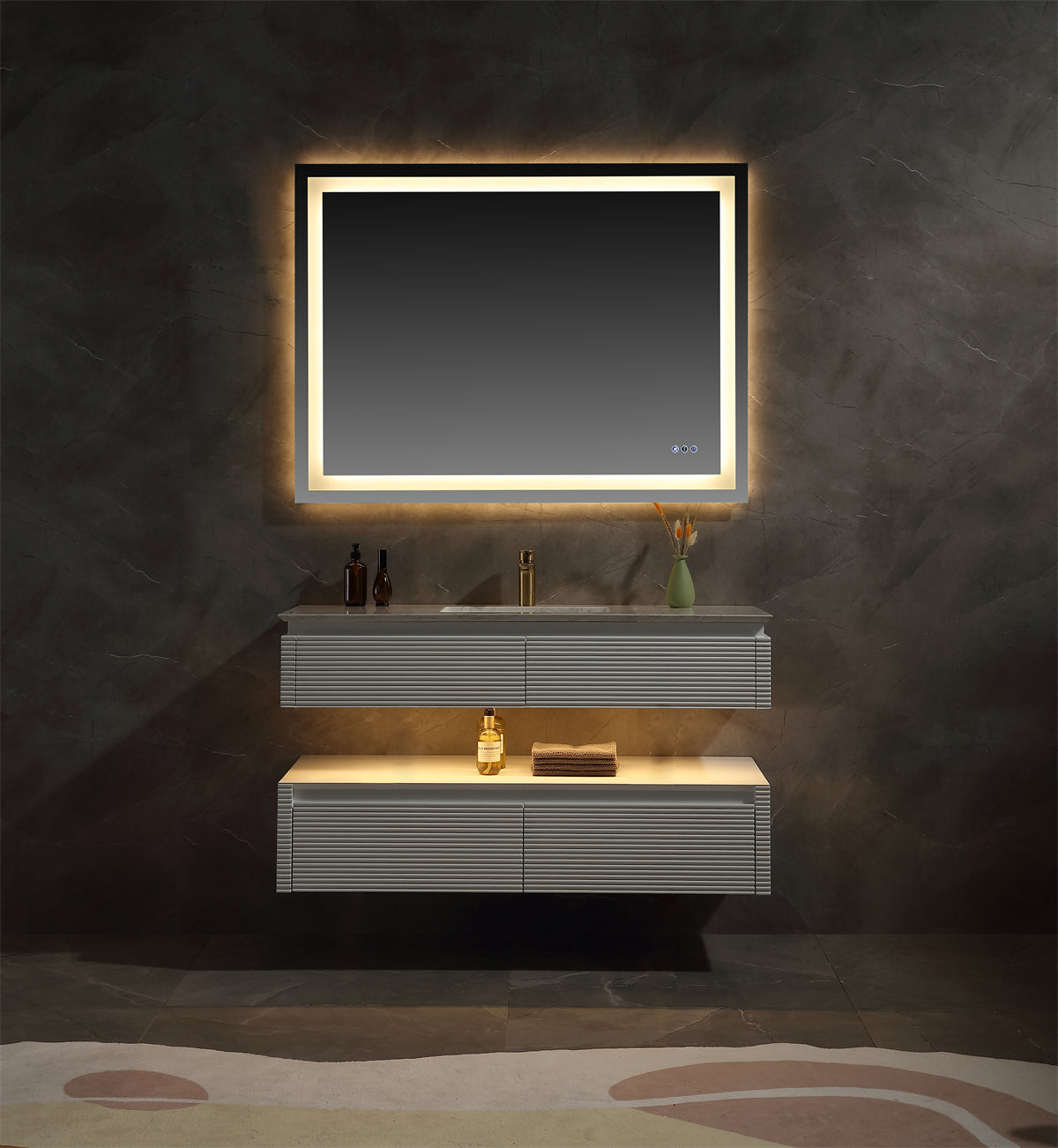 36 Inch Solid Wood Wall-Mounted Bathroom Vanity Set in Green/ White with Engineered Stone and Ceramic Sink