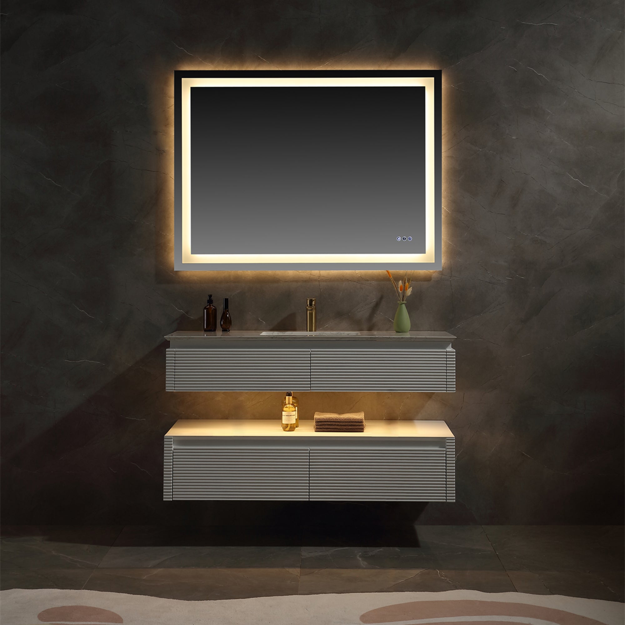 48 Inch Solid Wood Wall-Mounted Bathroom Vanity Set in Green/ White with Engineered Stone Top and Ceramic Sink