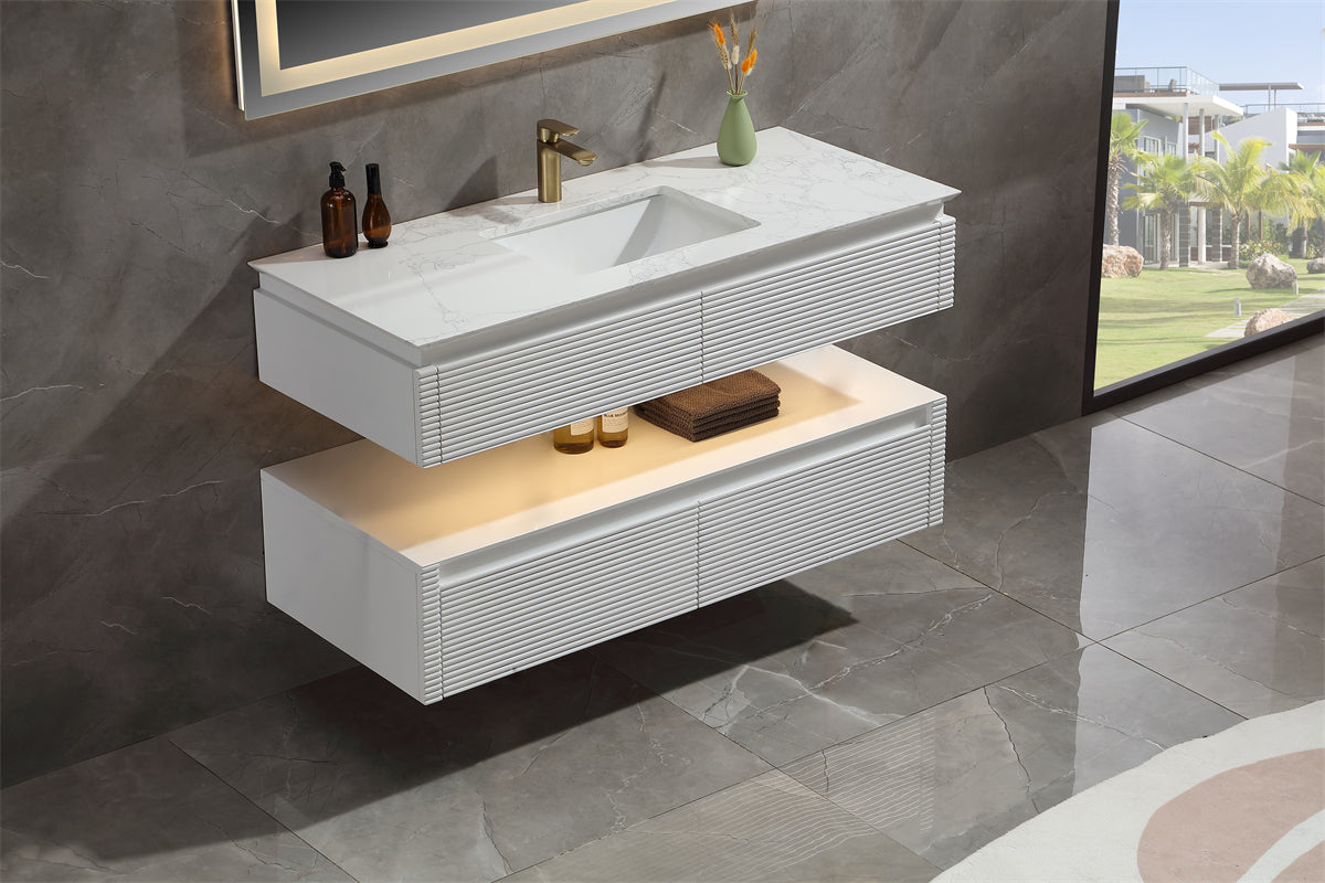 36 Inch Solid Wood Wall-Mounted Bathroom Vanity Set in Green/ White with Engineered Stone and Ceramic Sink