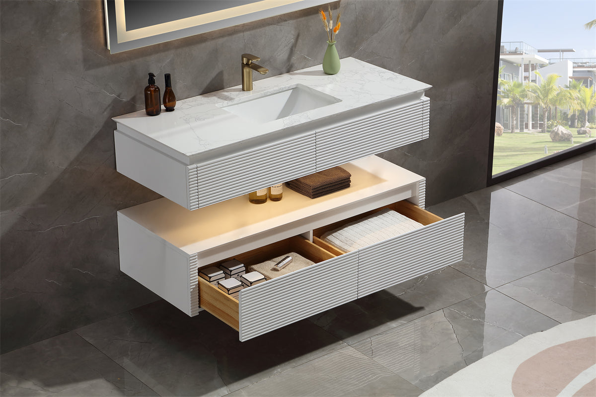 36 Inch Solid Wood Wall-Mounted Bathroom Vanity Set in Green/ White with Engineered Stone and Ceramic Sink