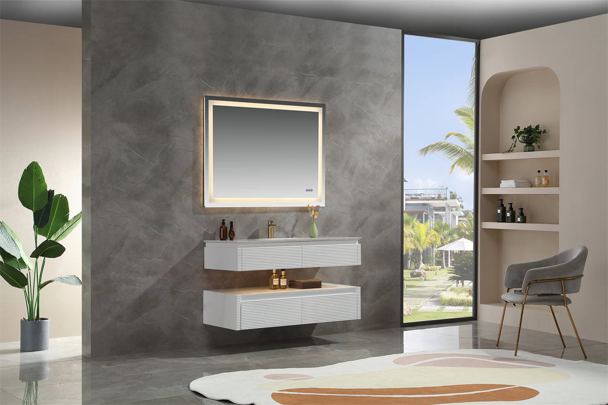 36 Inch Solid Wood Wall-Mounted Bathroom Vanity Set in Green/ White with Engineered Stone and Ceramic Sink