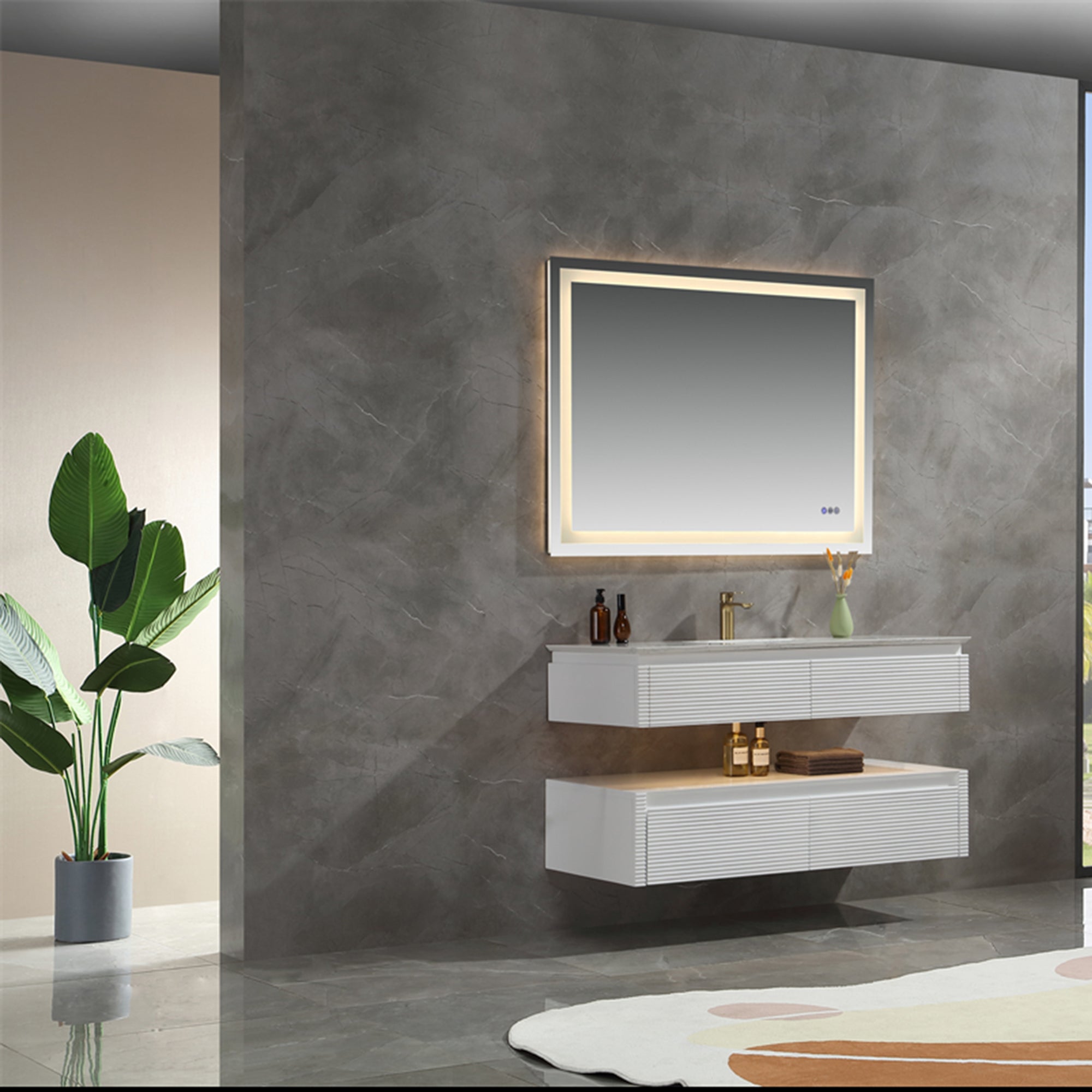 48 Inch Solid Wood Wall-Mounted Bathroom Vanity Set in Green/ White with Engineered Stone Top and Ceramic Sink