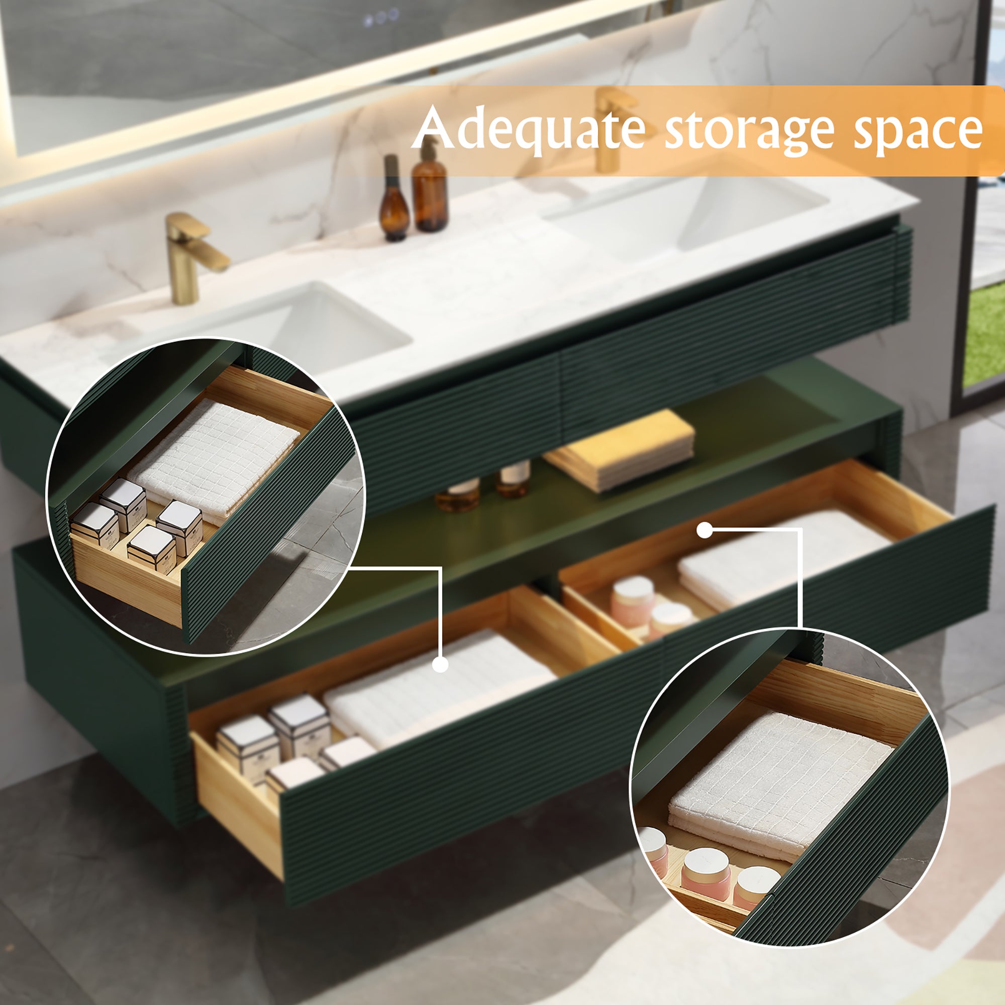 48 Inch Solid Wood Wall-Mounted Bathroom Vanity Set in Green/ White with Engineered Stone Top and Ceramic Sink