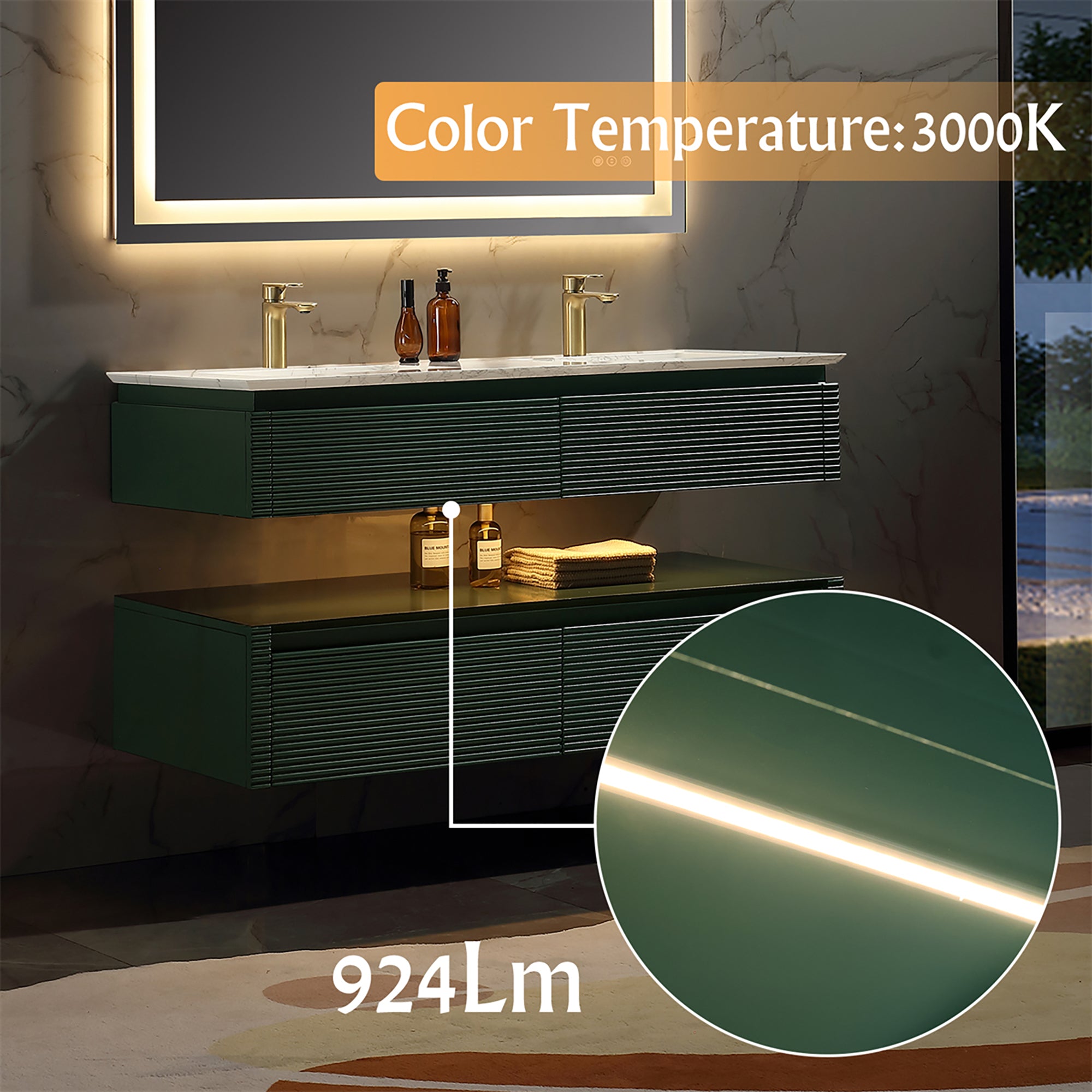 36 Inch Solid Wood Wall-Mounted Bathroom Vanity Set in Green/ White with Engineered Stone and Ceramic Sink