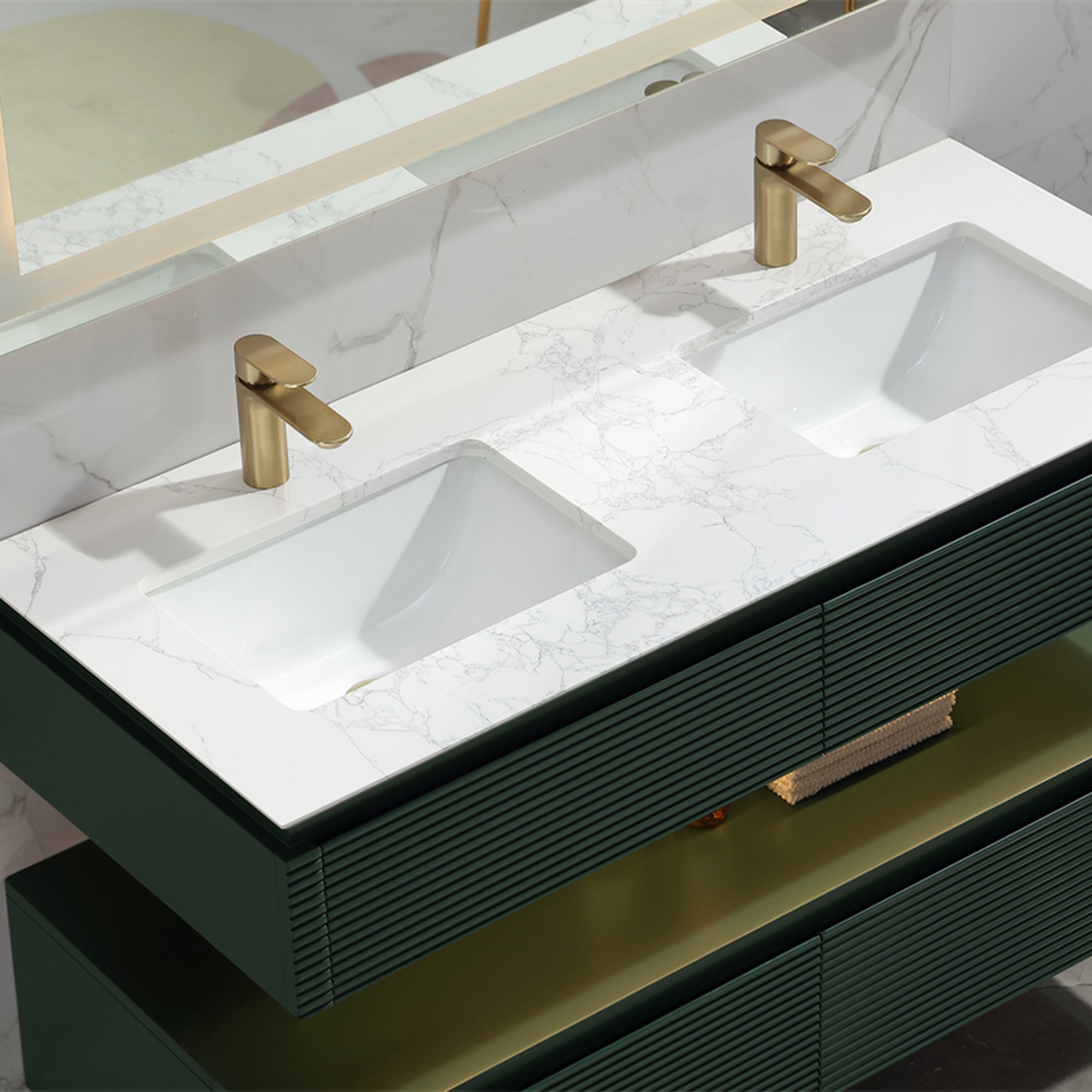 36 Inch Solid Wood Wall-Mounted Bathroom Vanity Set in Green/ White with Engineered Stone and Ceramic Sink