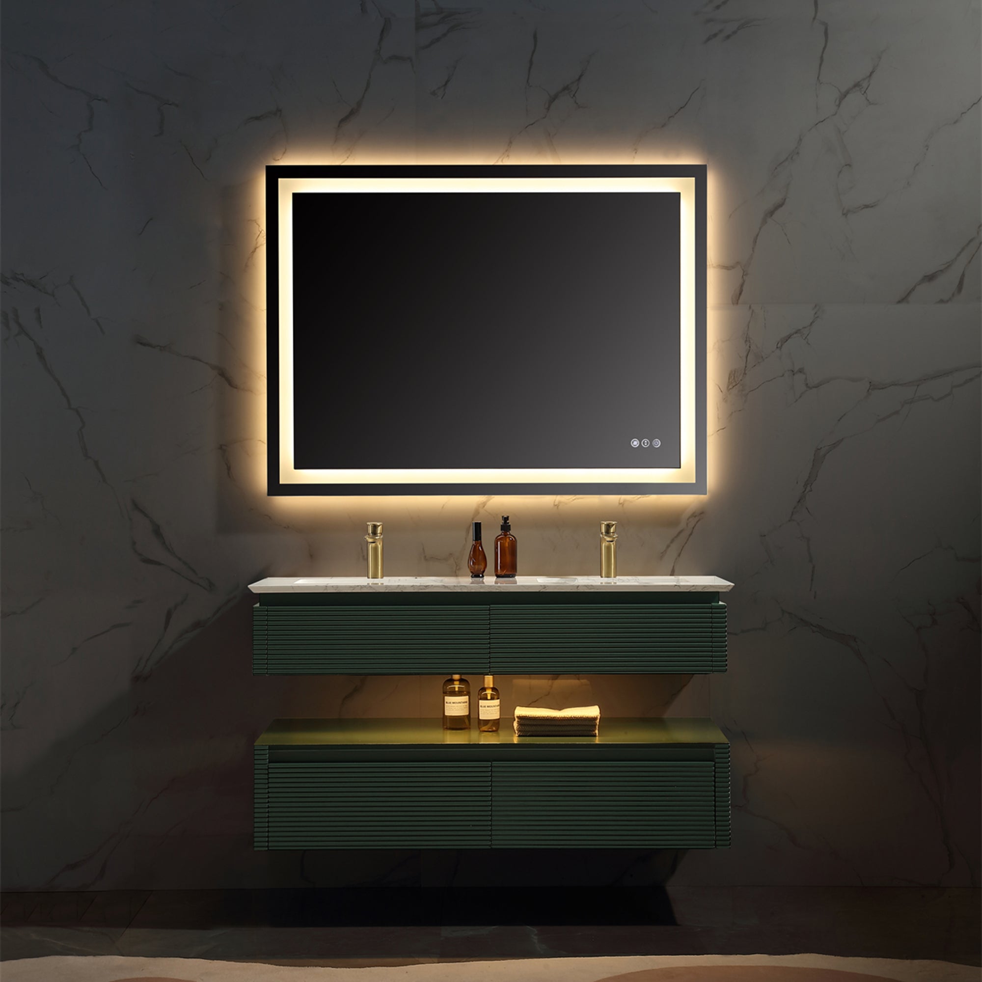 36 Inch Solid Wood Wall-Mounted Bathroom Vanity Set in Green/ White with Engineered Stone and Ceramic Sink
