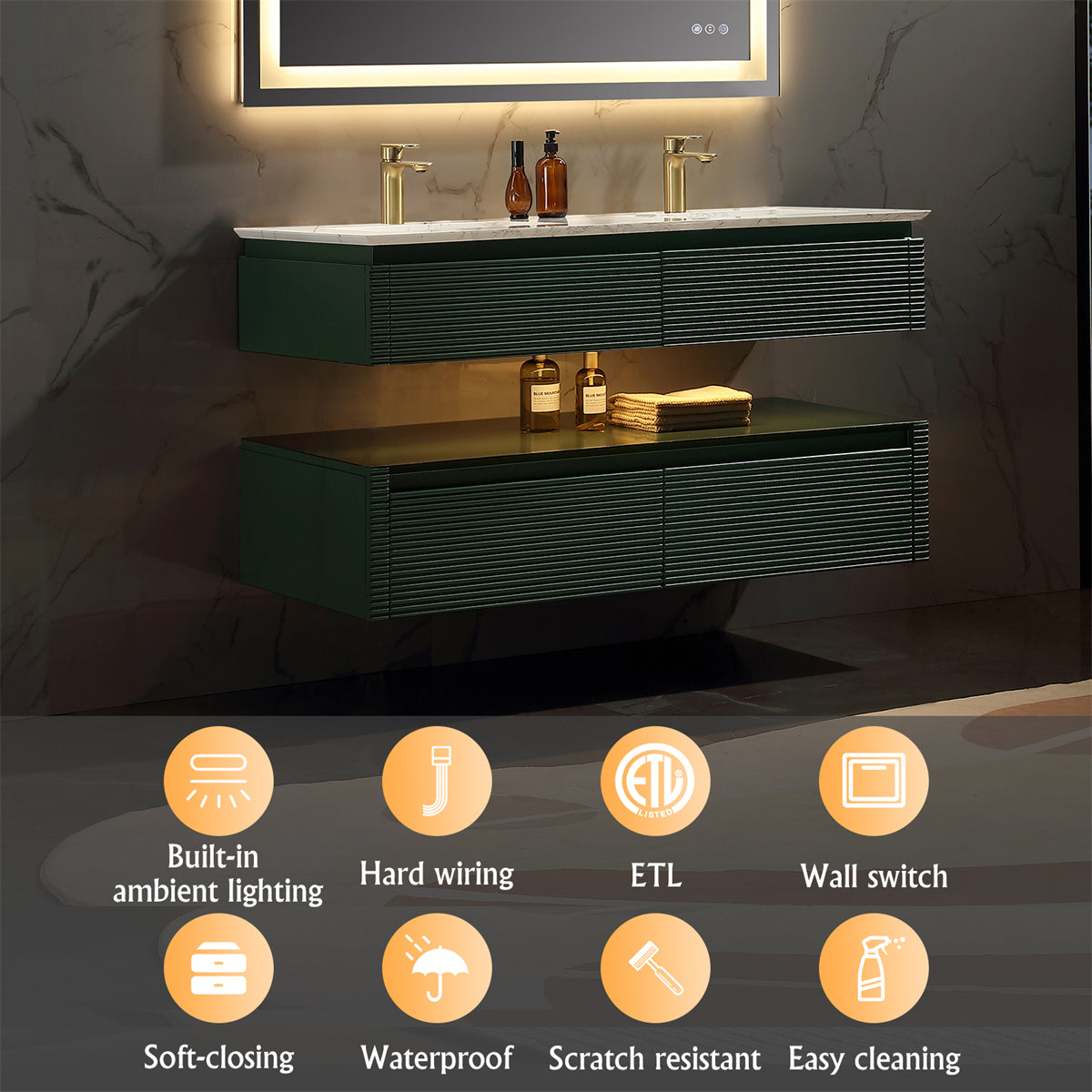 36 Inch Solid Wood Wall-Mounted Bathroom Vanity Set in Green/ White with Engineered Stone and Ceramic Sink