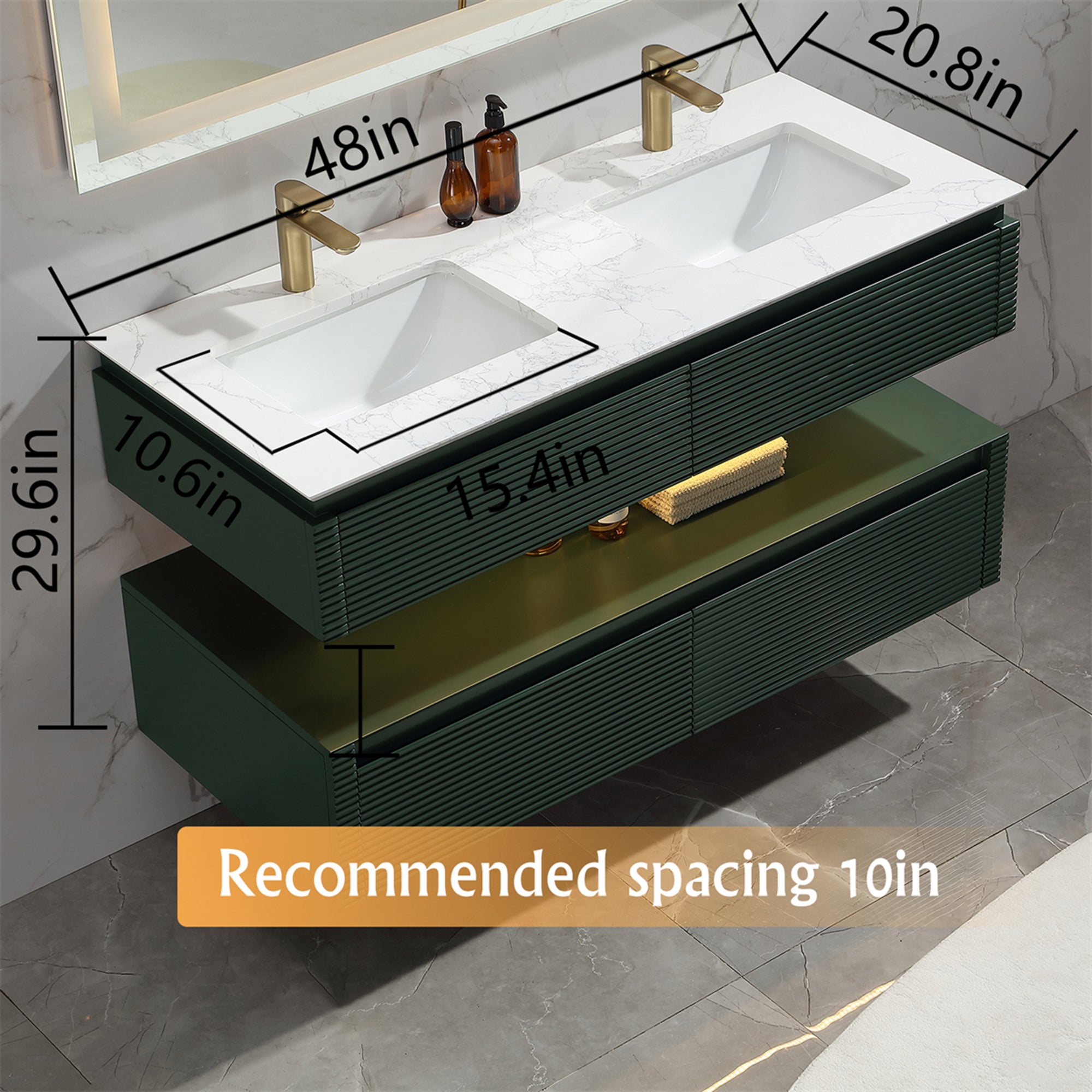 36 Inch Solid Wood Wall-Mounted Bathroom Vanity Set in Green/ White with Engineered Stone and Ceramic Sink