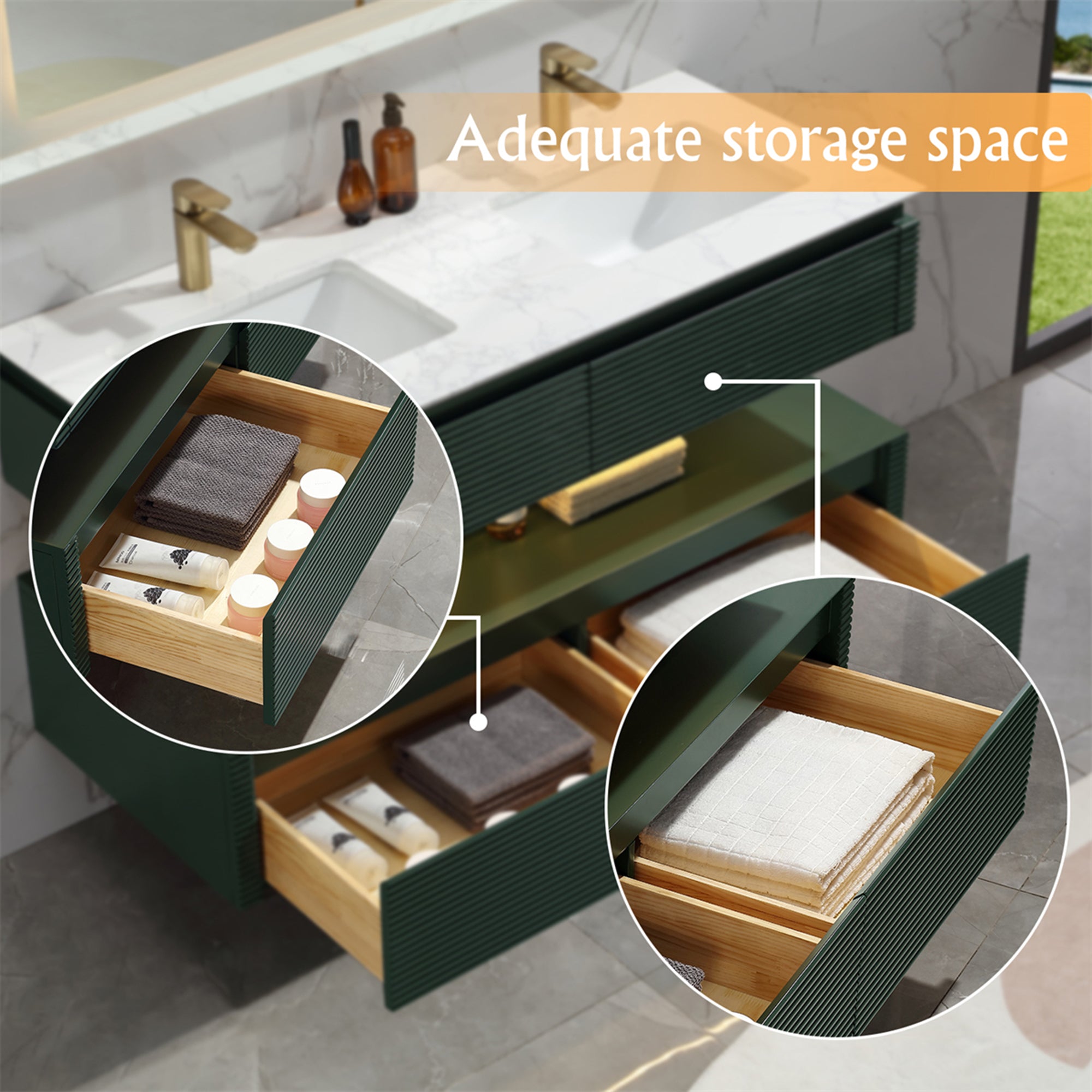 36 Inch Solid Wood Wall-Mounted Bathroom Vanity Set in Green/ White with Engineered Stone and Ceramic Sink