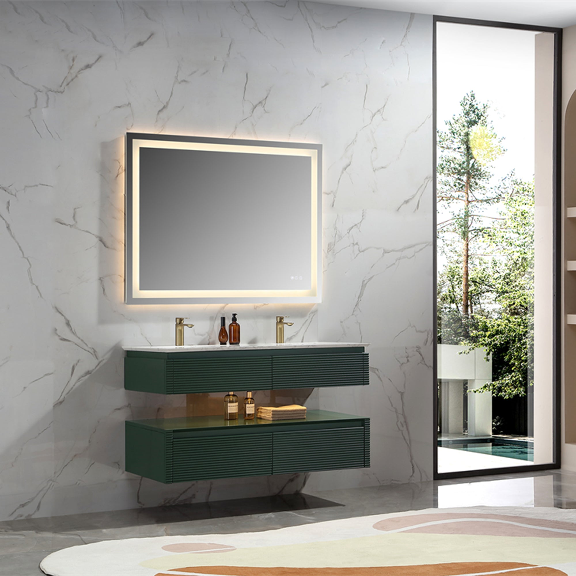 36 Inch Solid Wood Wall-Mounted Bathroom Vanity Set in Green/ White with Engineered Stone and Ceramic Sink