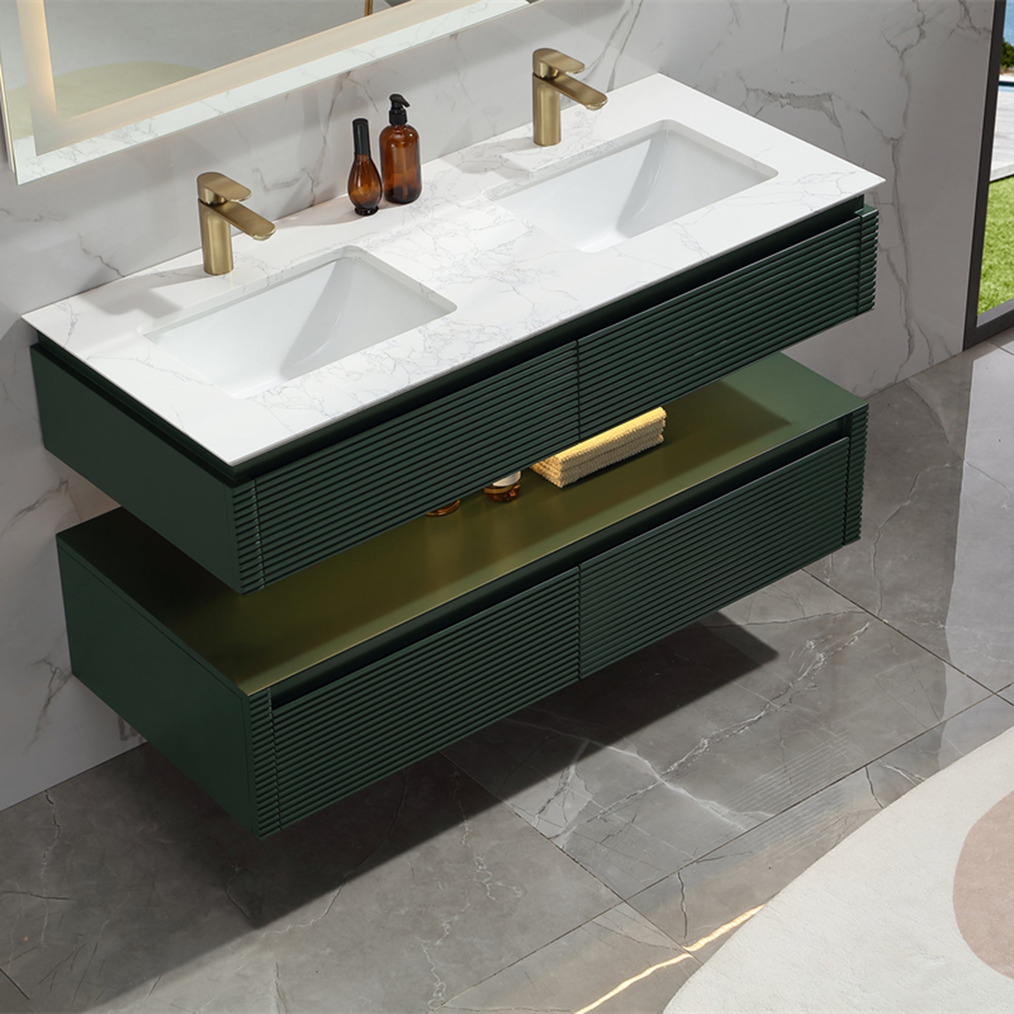 36 Inch Solid Wood Wall-Mounted Bathroom Vanity Set in Green/ White with Engineered Stone and Ceramic Sink