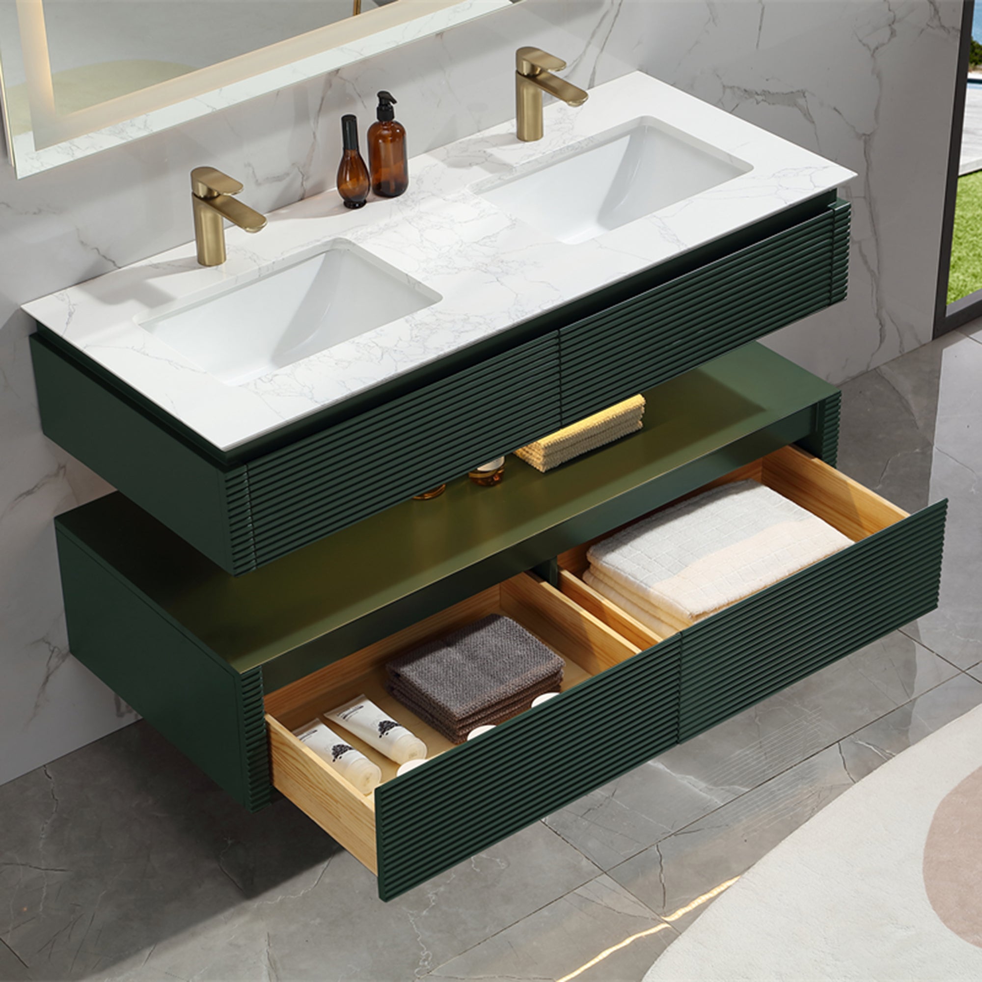 36 Inch Solid Wood Wall-Mounted Bathroom Vanity Set in Green/ White with Engineered Stone and Ceramic Sink