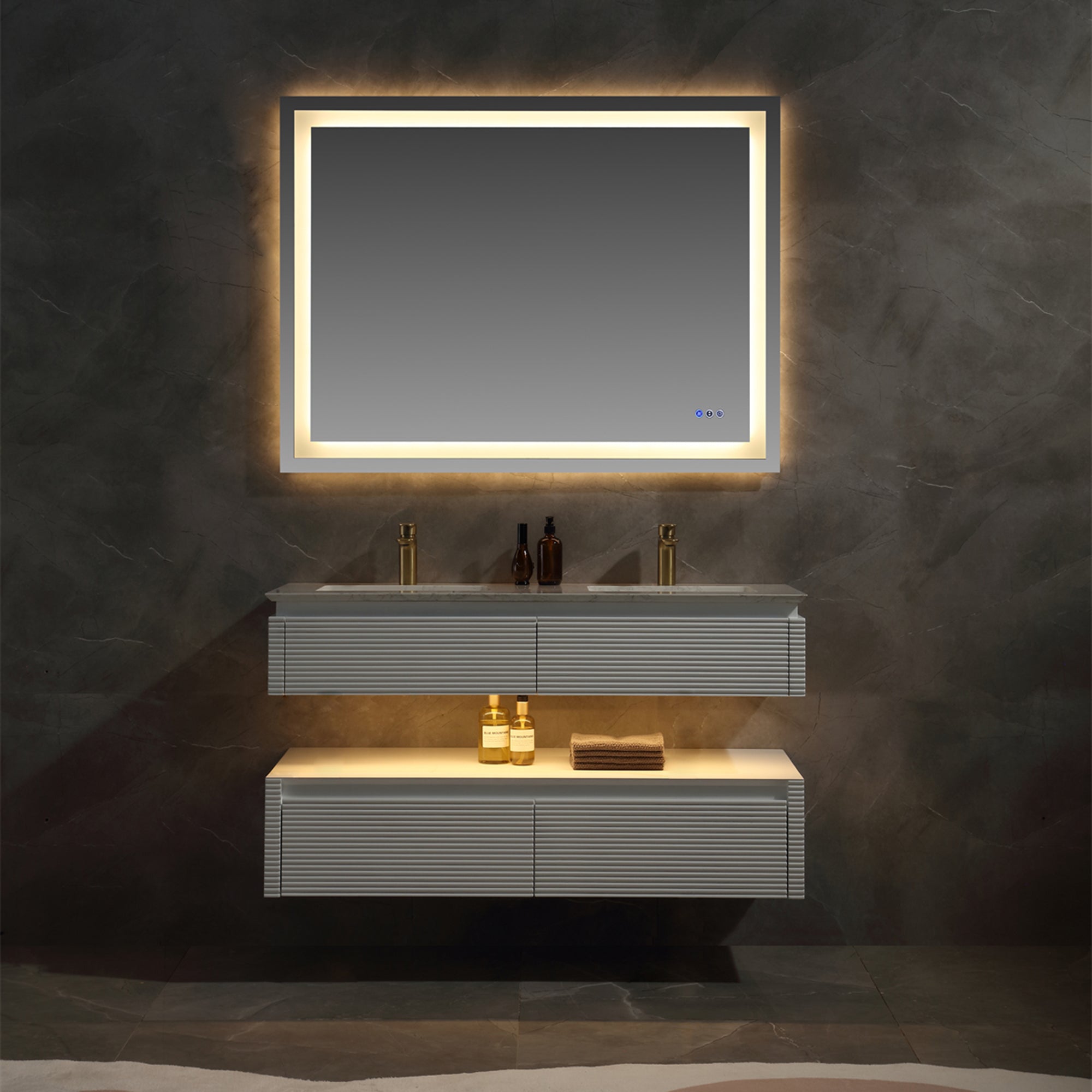 36 Inch Solid Wood Wall-Mounted Bathroom Vanity Set in Green/ White with Engineered Stone and Ceramic Sink