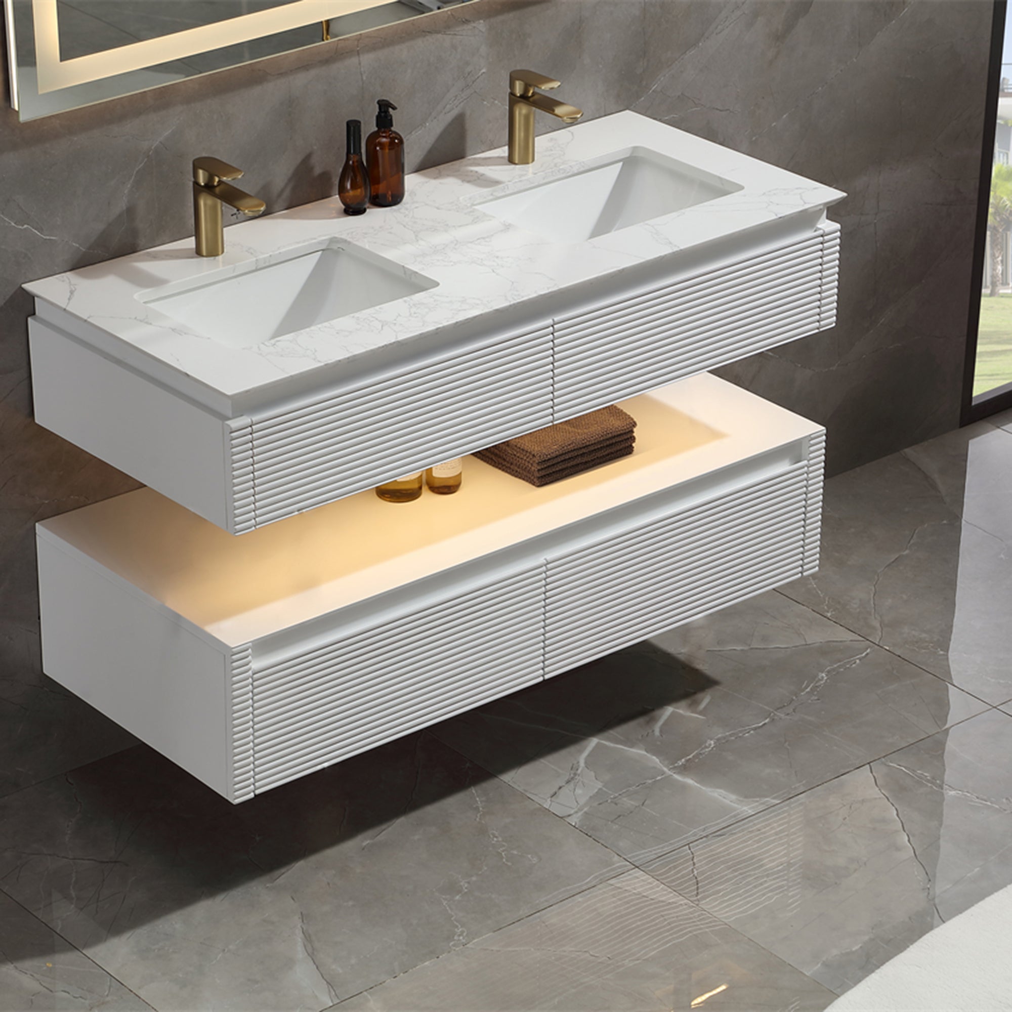 36 Inch Solid Wood Wall-Mounted Bathroom Vanity Set in Green/ White with Engineered Stone and Ceramic Sink