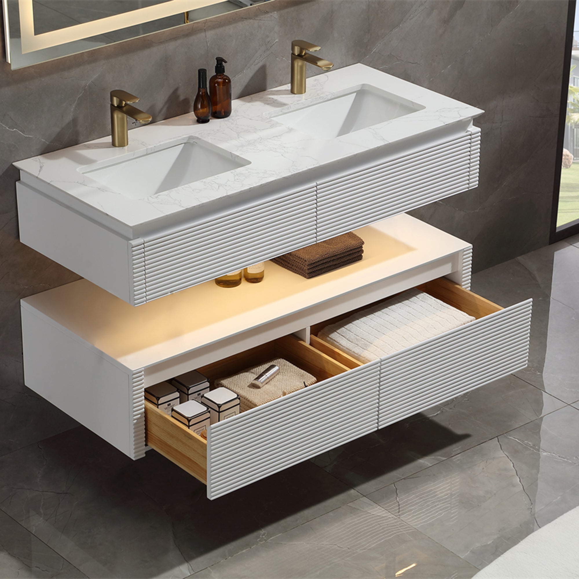 36 Inch Solid Wood Wall-Mounted Bathroom Vanity Set in Green/ White with Engineered Stone and Ceramic Sink