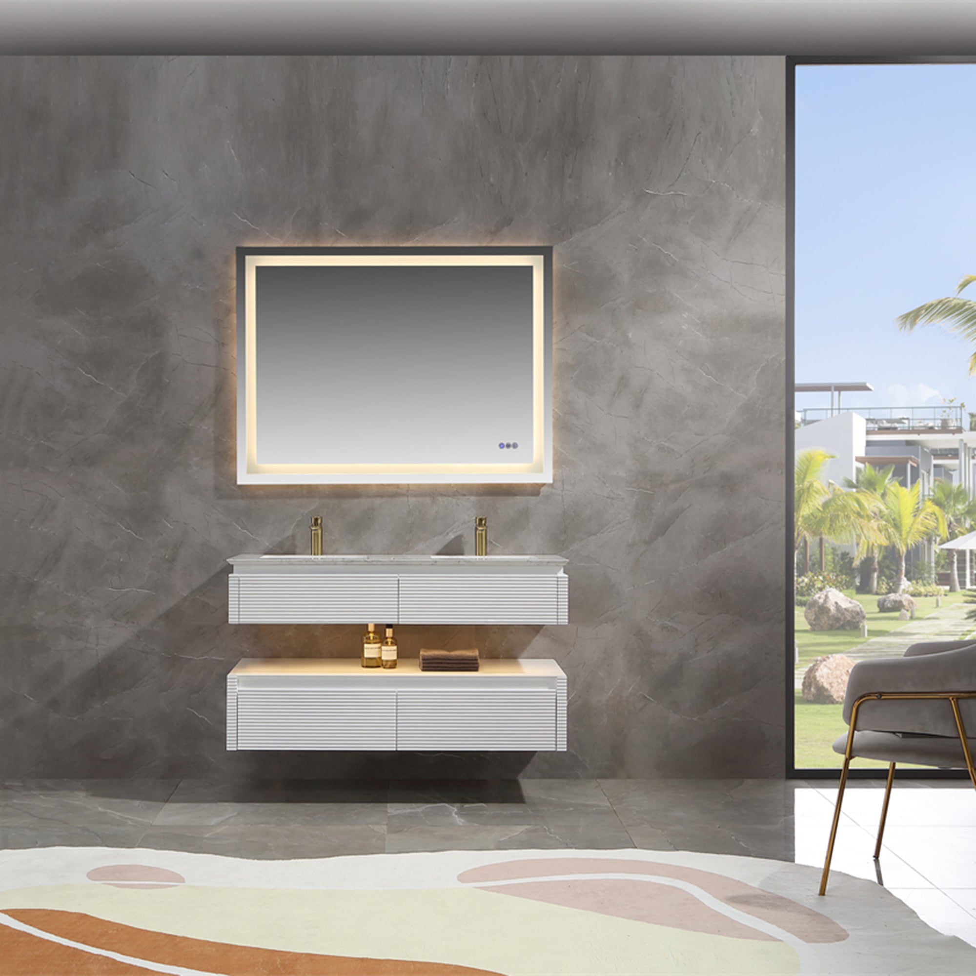 36 Inch Solid Wood Wall-Mounted Bathroom Vanity Set in Green/ White with Engineered Stone and Ceramic Sink