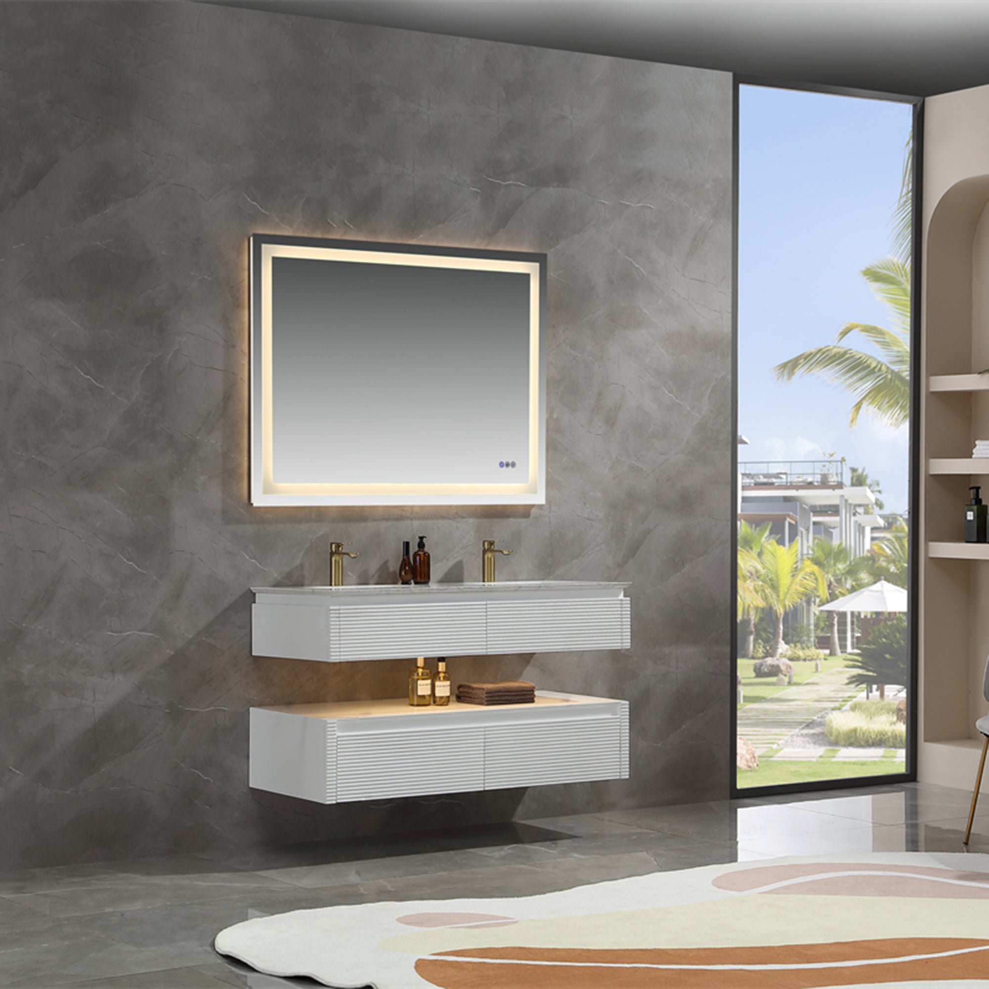 36 Inch Solid Wood Wall-Mounted Bathroom Vanity Set in Green/ White with Engineered Stone and Ceramic Sink