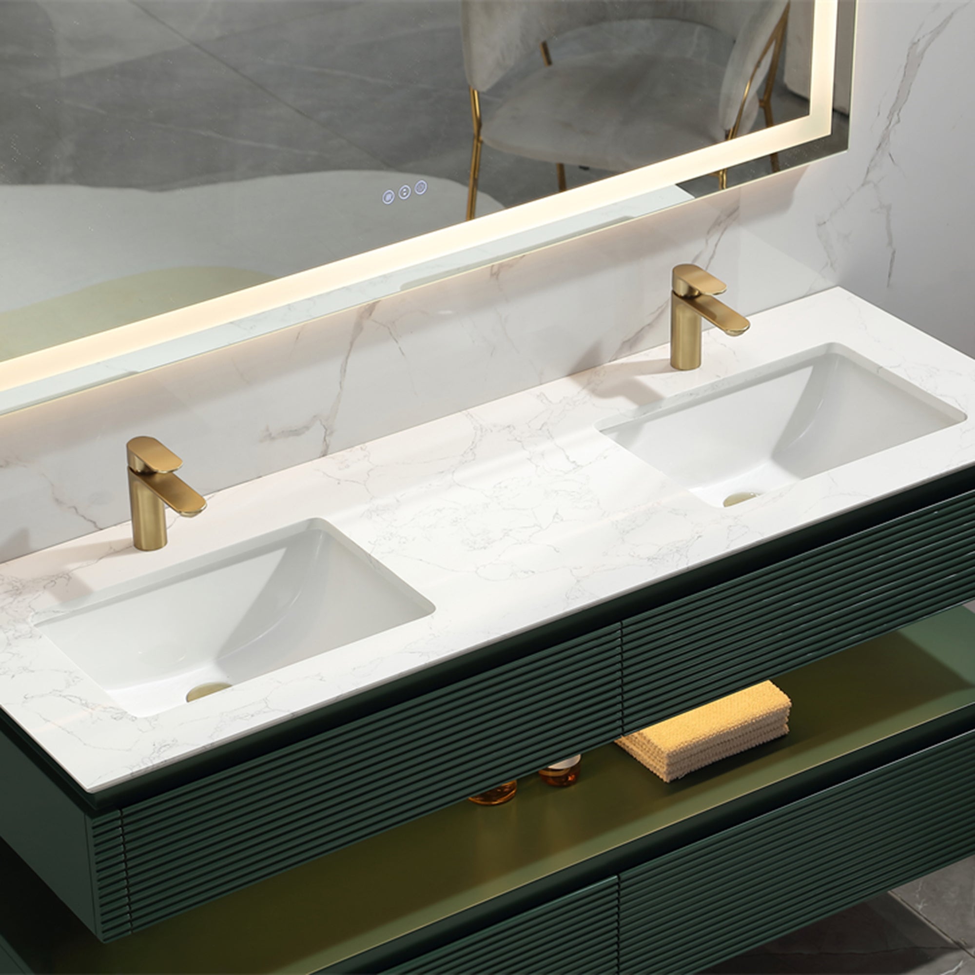 36 Inch Solid Wood Wall-Mounted Bathroom Vanity Set in Green/ White with Engineered Stone and Ceramic Sink