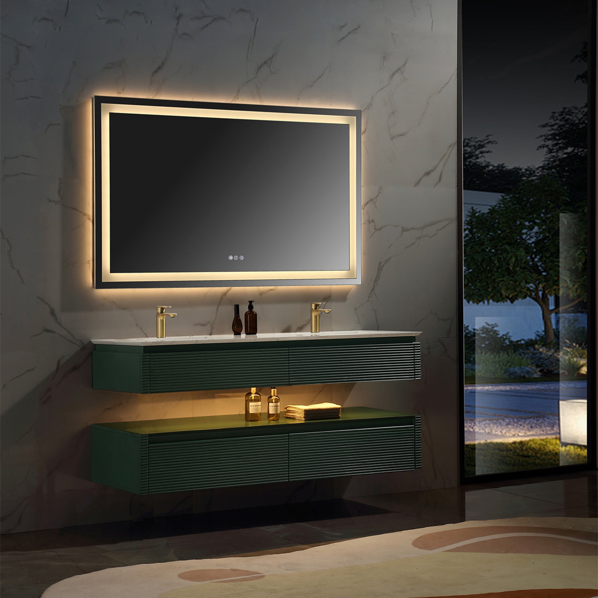 36 Inch Solid Wood Wall-Mounted Bathroom Vanity Set in Green/ White with Engineered Stone and Ceramic Sink