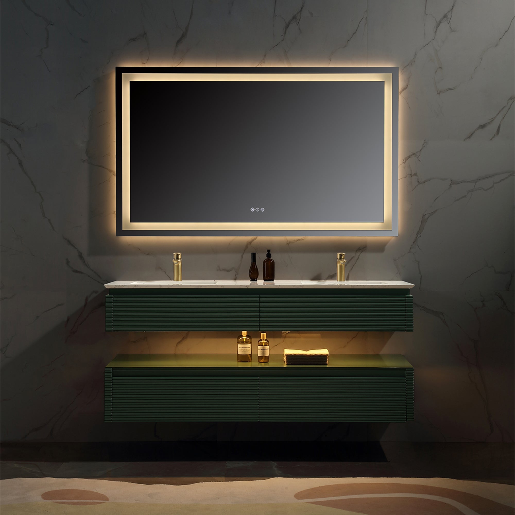 36 Inch Solid Wood Wall-Mounted Bathroom Vanity Set in Green/ White with Engineered Stone and Ceramic Sink