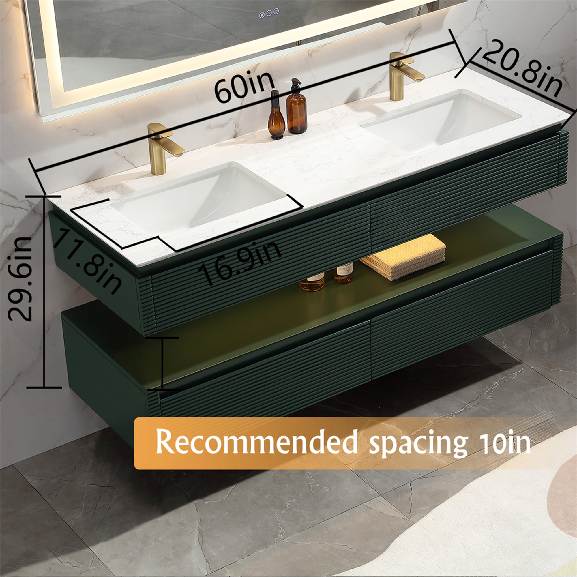 36 Inch Solid Wood Wall-Mounted Bathroom Vanity Set in Green/ White with Engineered Stone and Ceramic Sink