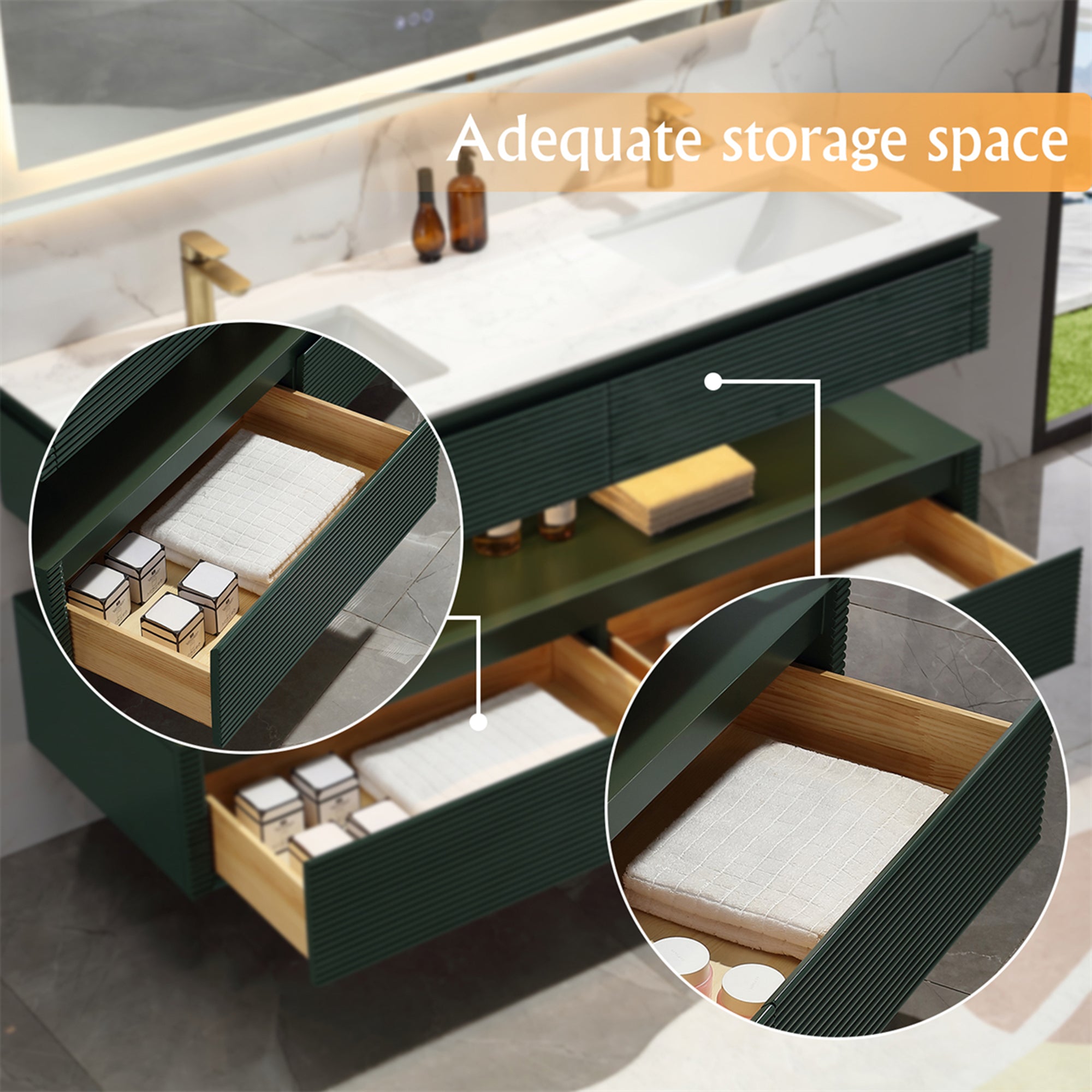 36 Inch Solid Wood Wall-Mounted Bathroom Vanity Set in Green/ White with Engineered Stone and Ceramic Sink