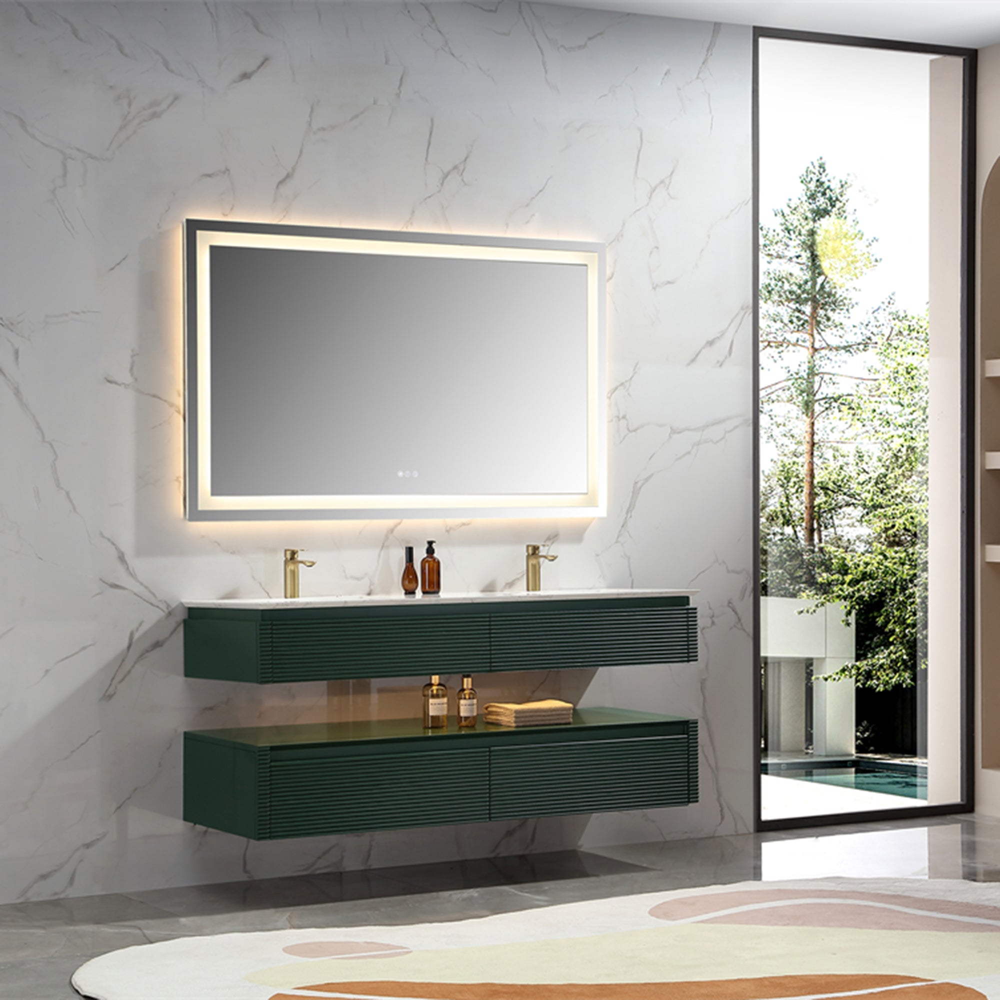 36 Inch Solid Wood Wall-Mounted Bathroom Vanity Set in Green/ White with Engineered Stone and Ceramic Sink