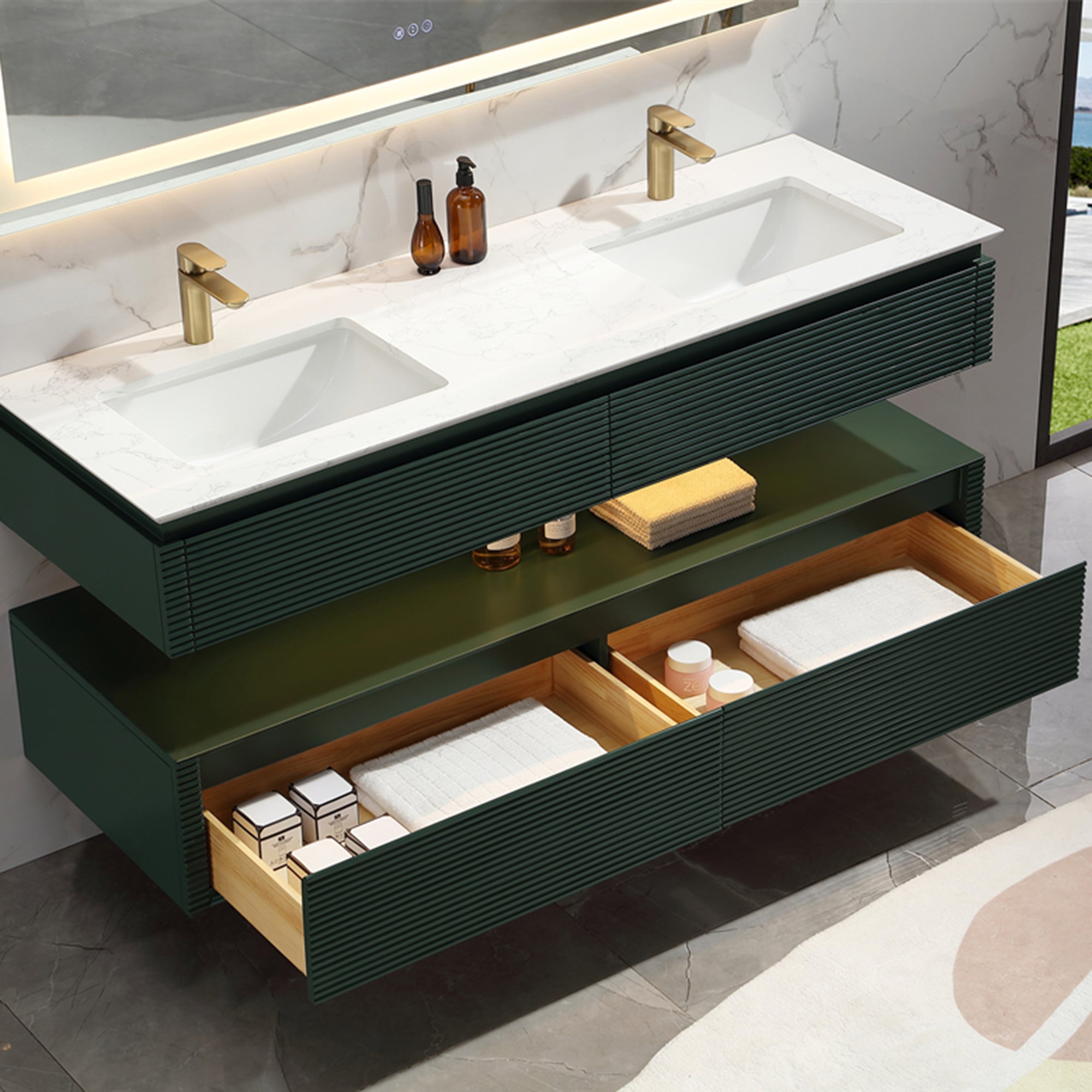 36 Inch Solid Wood Wall-Mounted Bathroom Vanity Set in Green/ White with Engineered Stone and Ceramic Sink