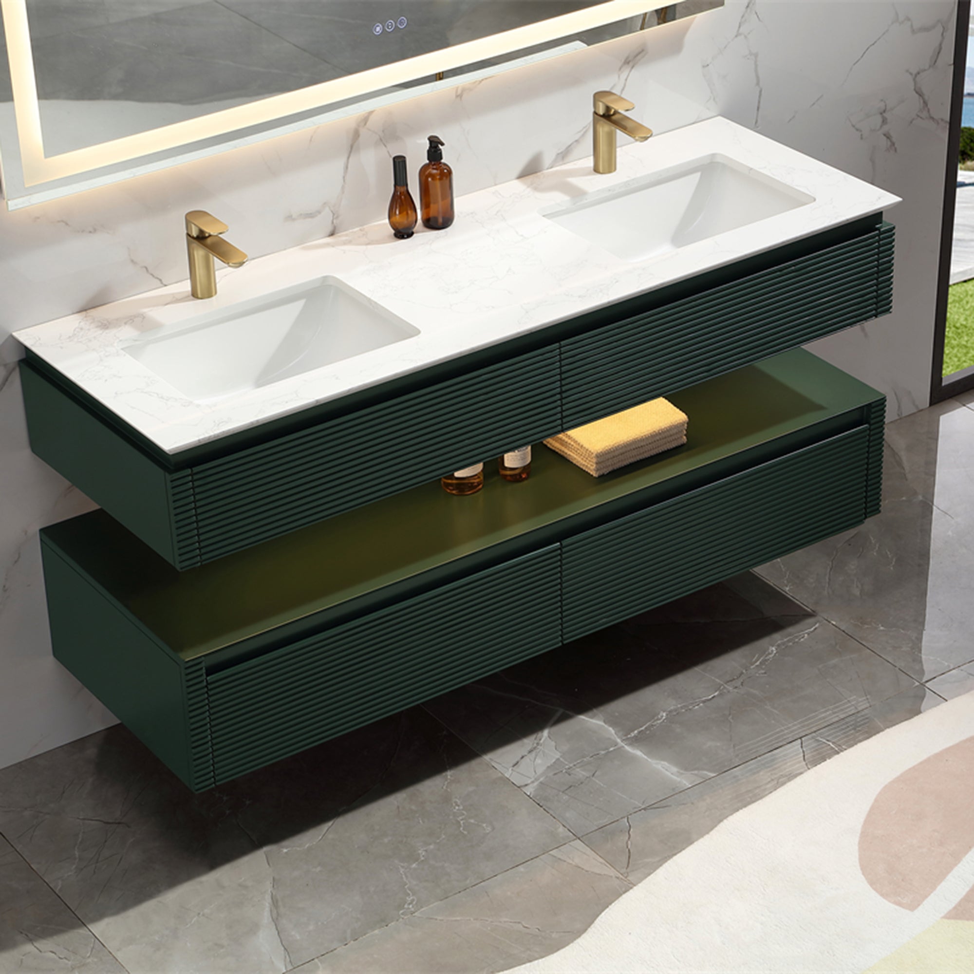 36 Inch Solid Wood Wall-Mounted Bathroom Vanity Set in Green/ White with Engineered Stone and Ceramic Sink