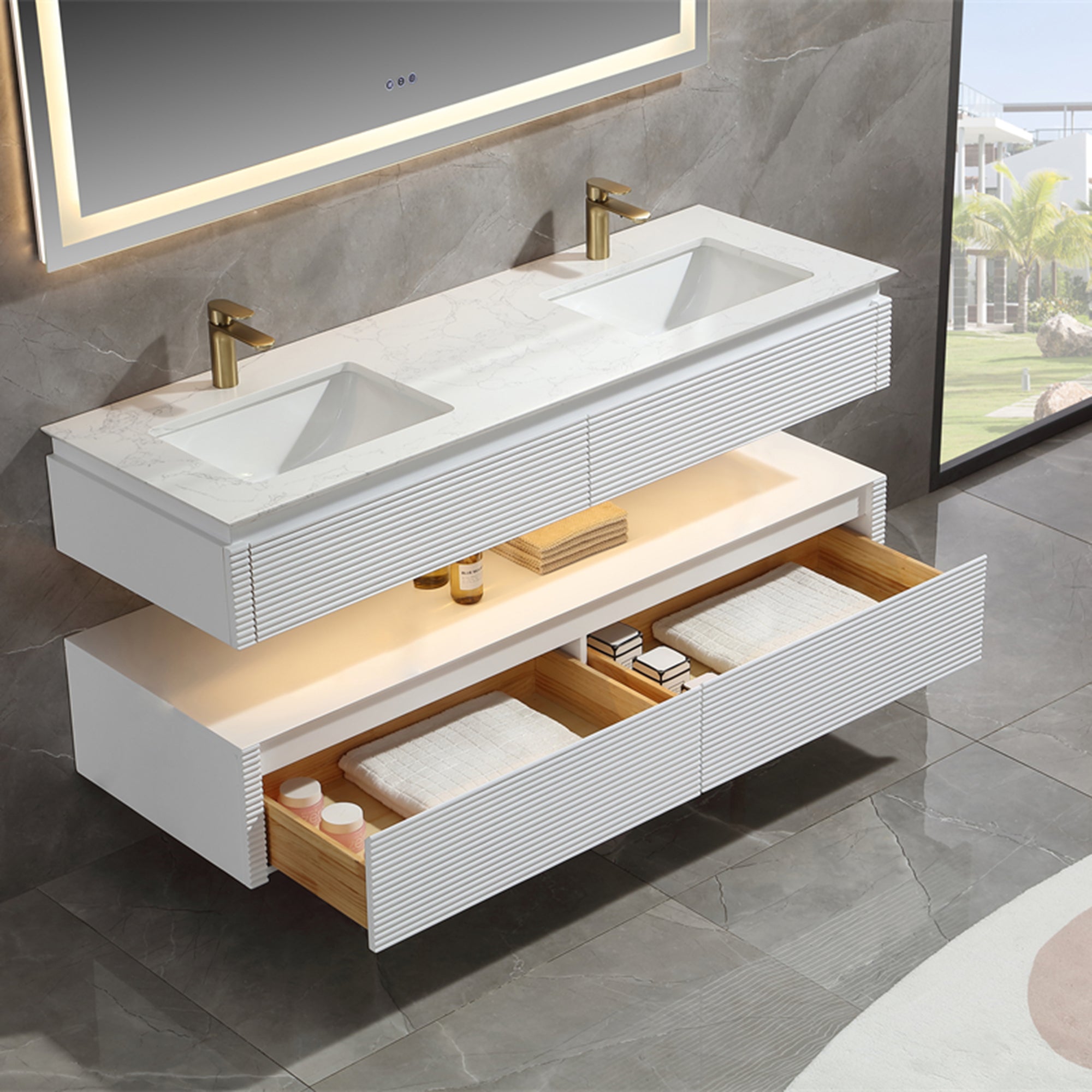 36 Inch Solid Wood Wall-Mounted Bathroom Vanity Set in Green/ White with Engineered Stone and Ceramic Sink