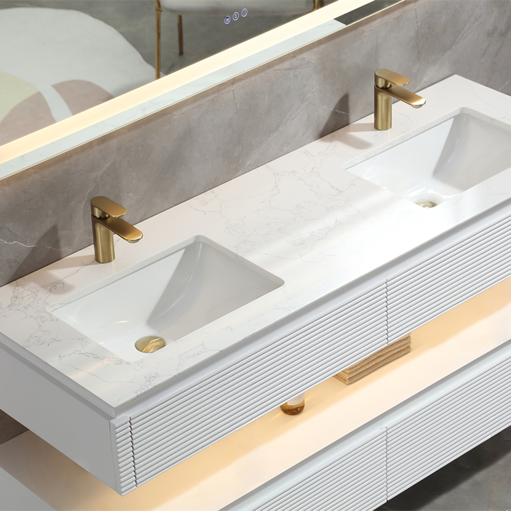 36 Inch Solid Wood Wall-Mounted Bathroom Vanity Set in Green/ White with Engineered Stone and Ceramic Sink