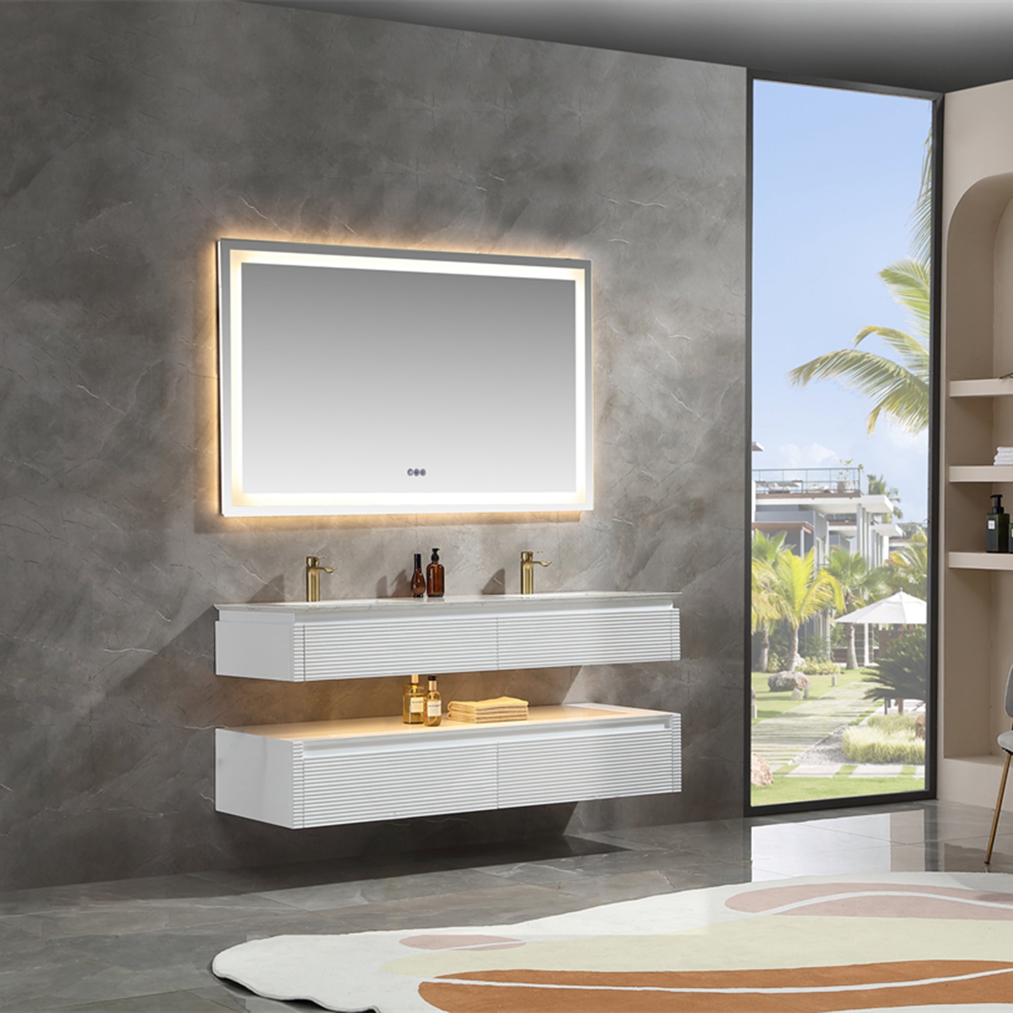 36 Inch Solid Wood Wall-Mounted Bathroom Vanity Set in Green/ White with Engineered Stone and Ceramic Sink