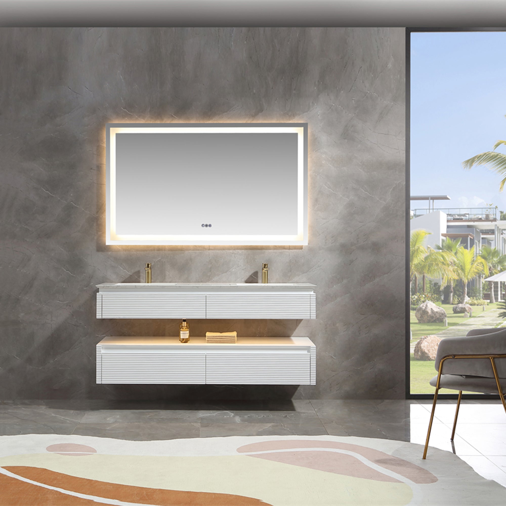 36 Inch Solid Wood Wall-Mounted Bathroom Vanity Set in Green/ White with Engineered Stone and Ceramic Sink