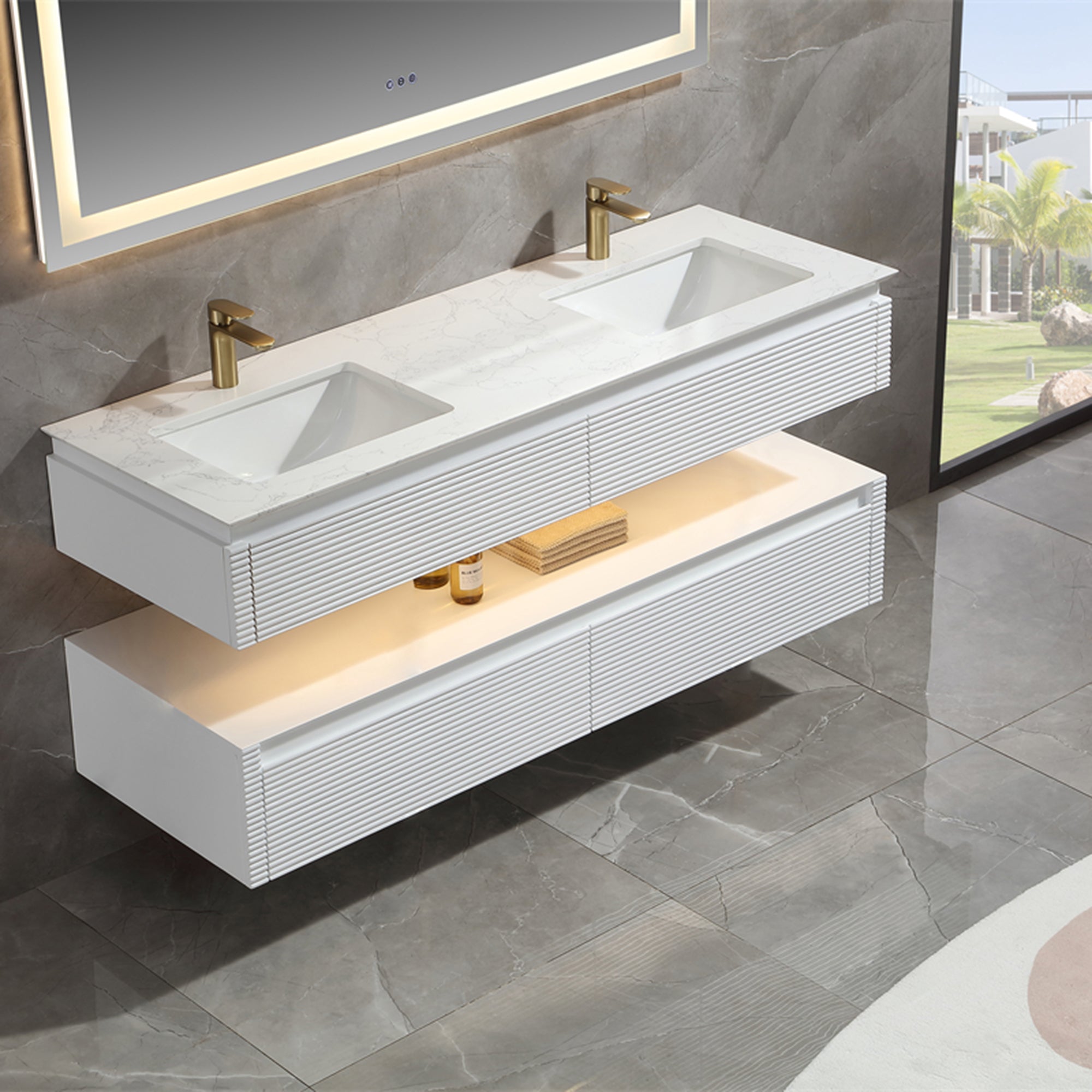 36 Inch Solid Wood Wall-Mounted Bathroom Vanity Set in Green/ White with Engineered Stone and Ceramic Sink