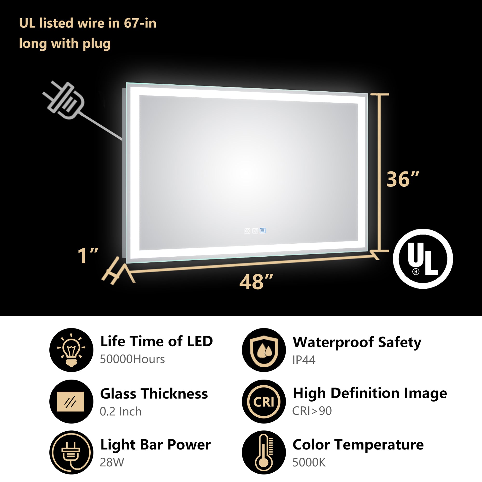 48 in. W x 36 in. H  Aluminium and Glass LED Bathroom Mirror with Defogger