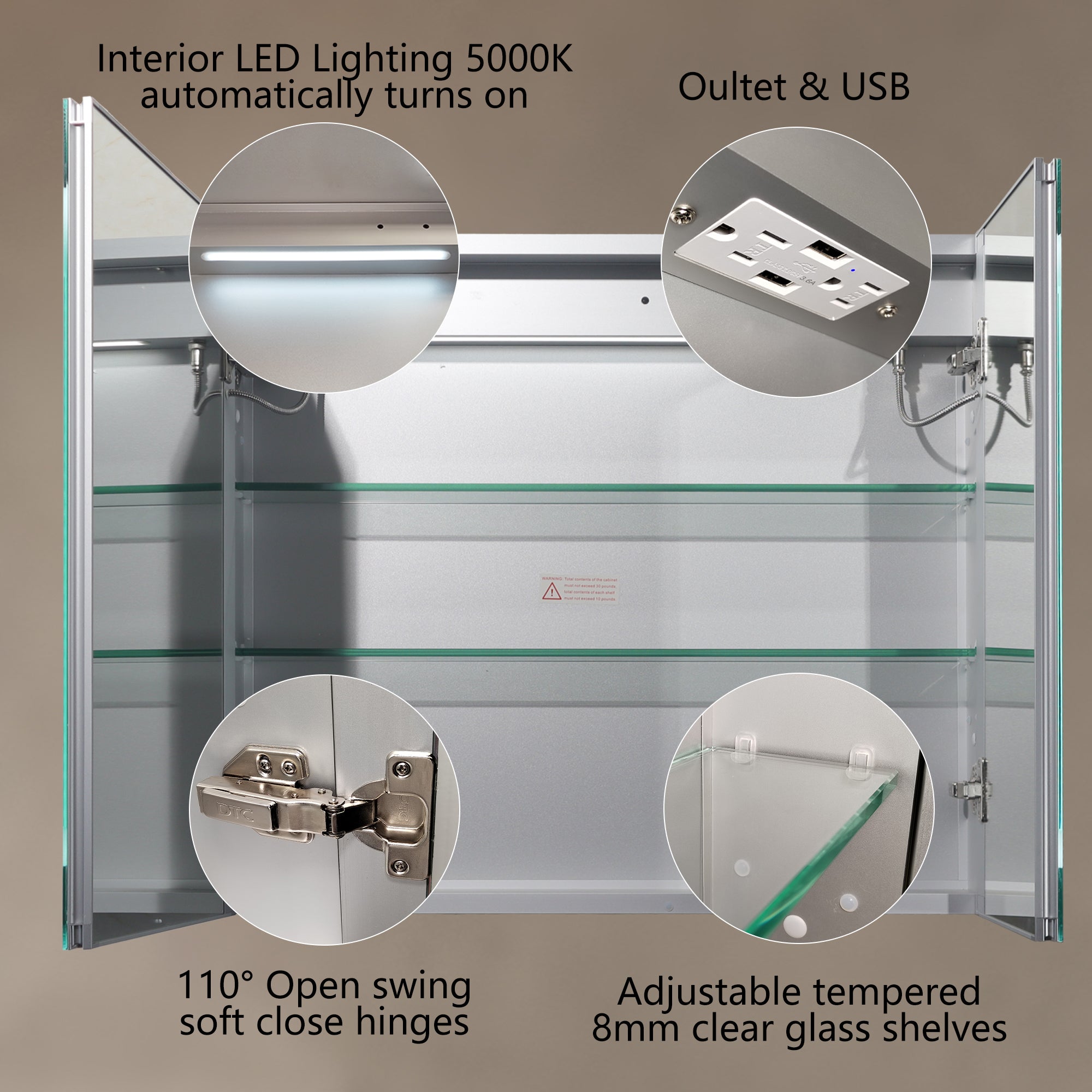 30" Aluminum Surface Mount Medicine Cabinet with Mirrors and Shelves