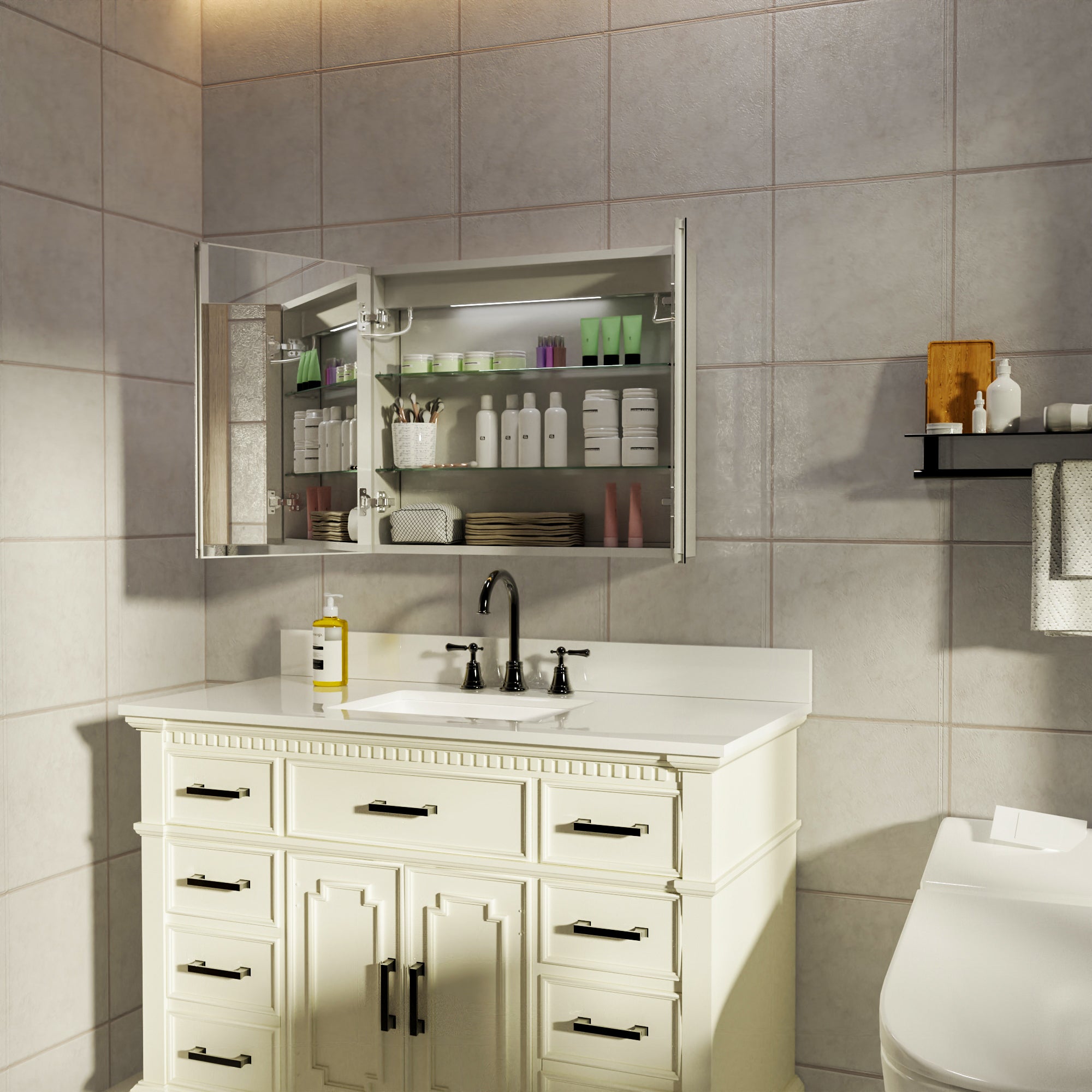 30" Aluminum Surface Mount Medicine Cabinet with Mirrors and Shelves
