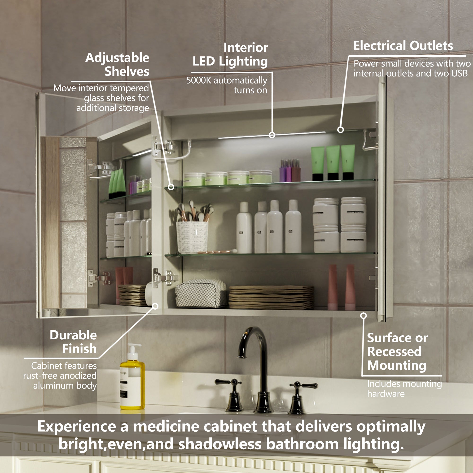 30" Aluminum Surface Mount Medicine Cabinet with Mirrors and Shelves