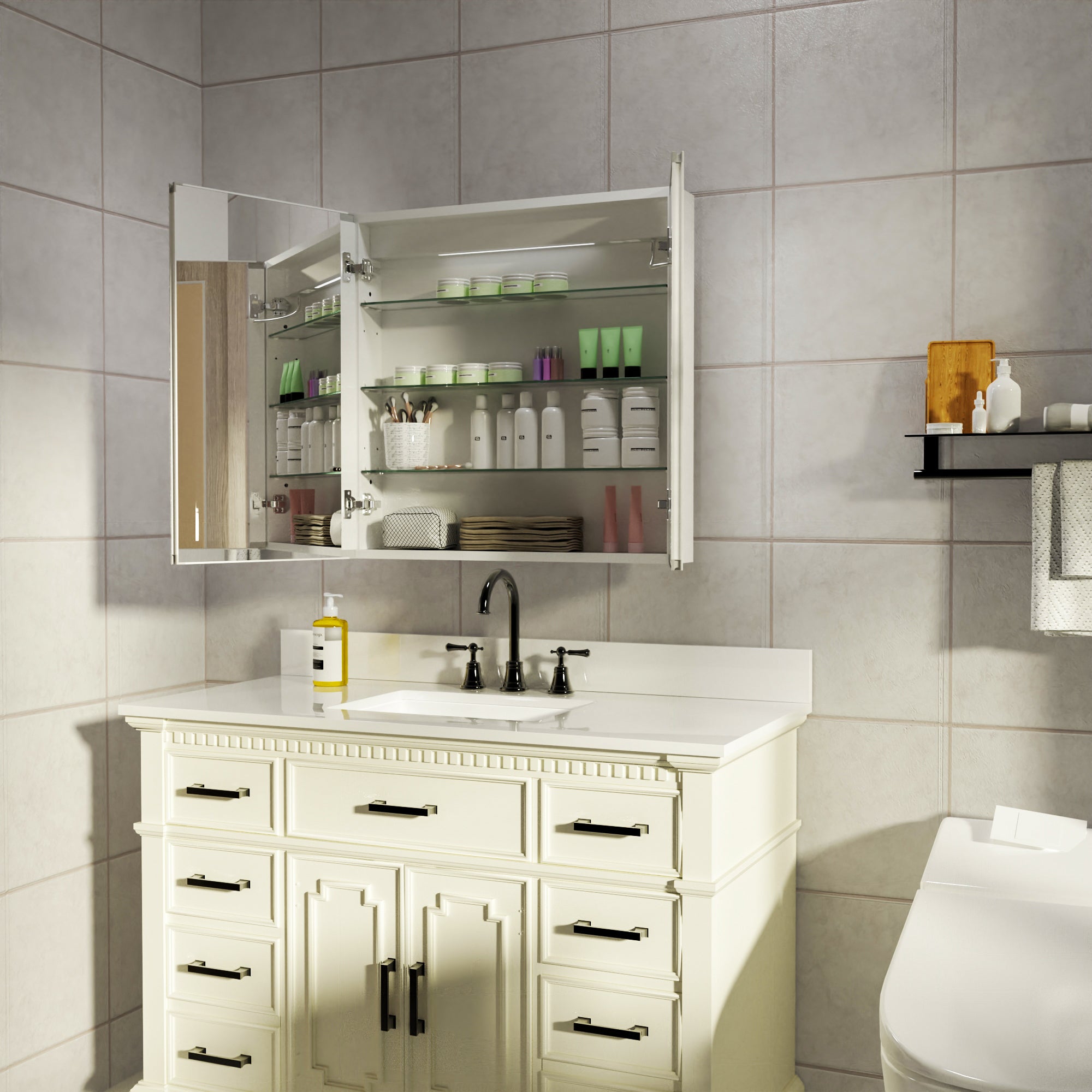 30" Aluminum Surface Mount Medicine Cabinet with Mirrors and Shelves