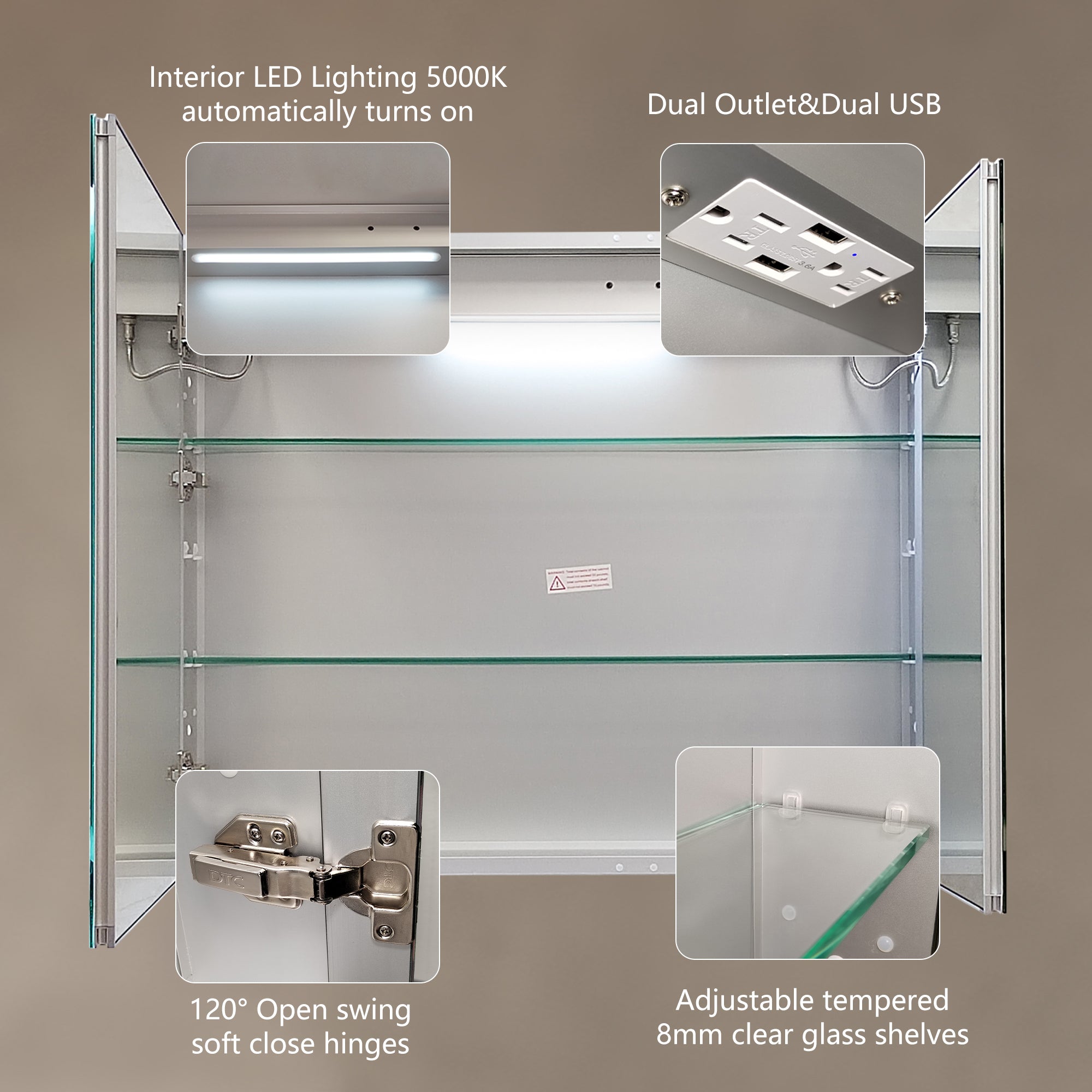 36" Aluminum Surface Mount Medicine Cabinet with Mirrors and Shelves
