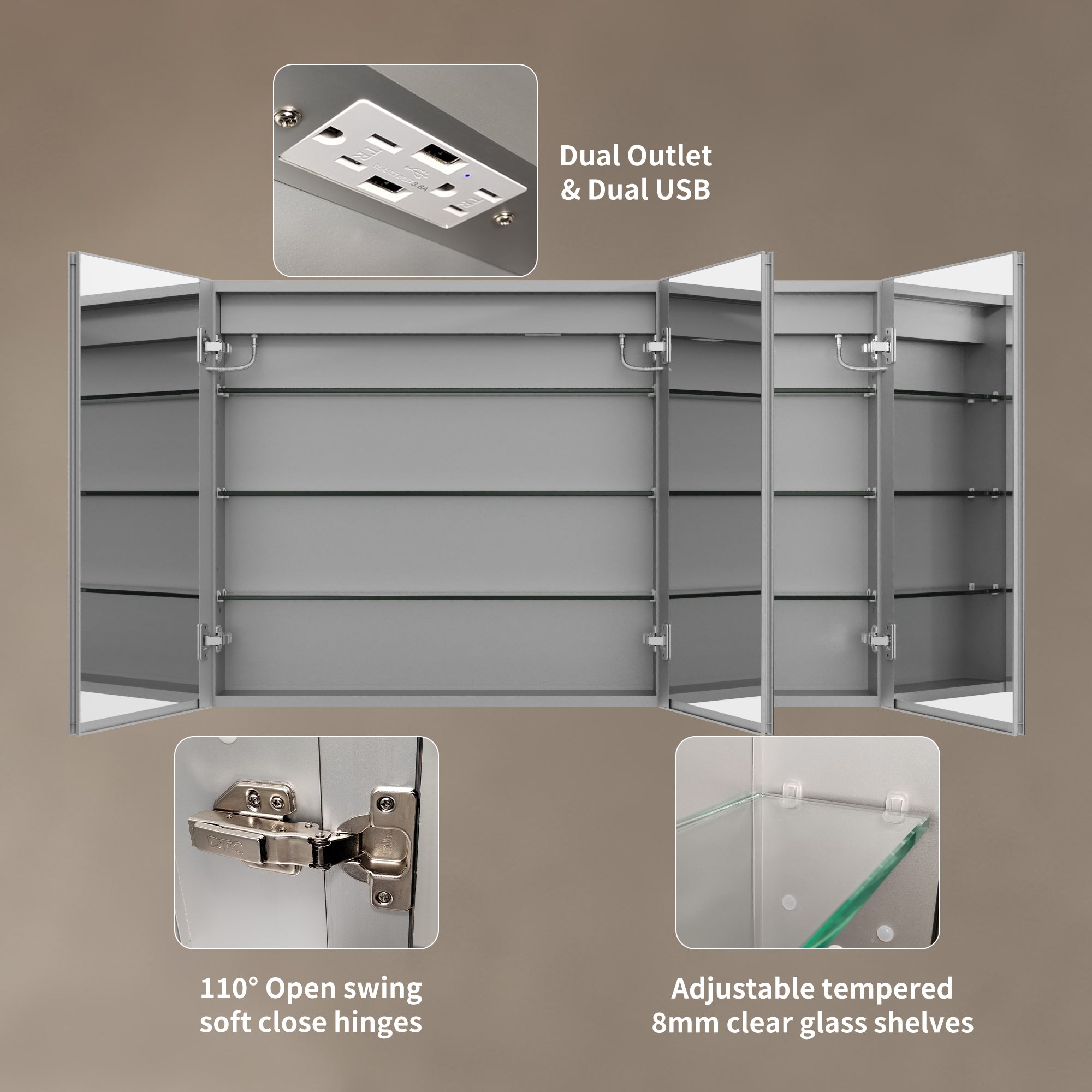 48" Aluminum Surface Mount Medicine Cabinet with Mirrors and Shelves