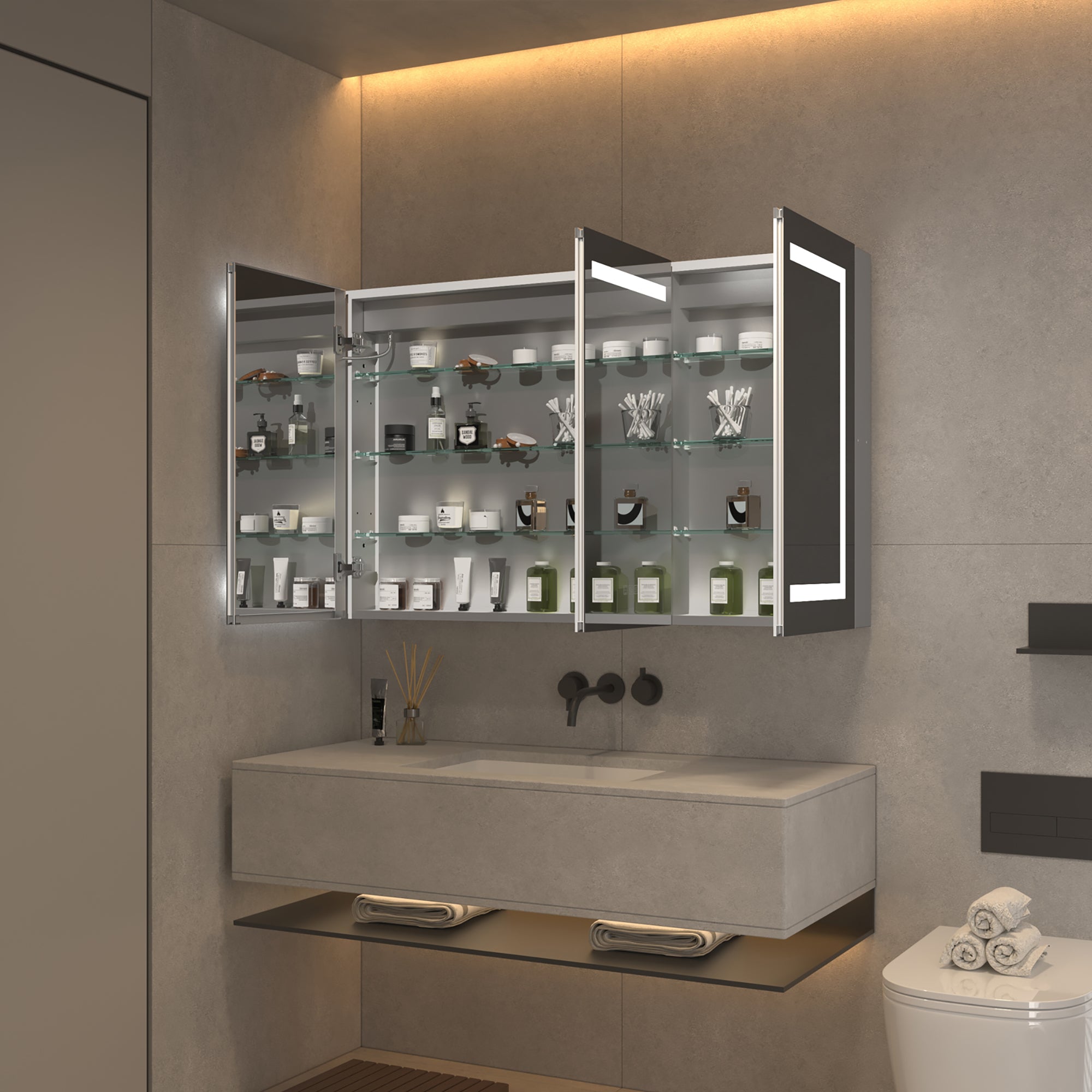 48" Aluminum Surface Mount Medicine Cabinet with Mirrors and Shelves